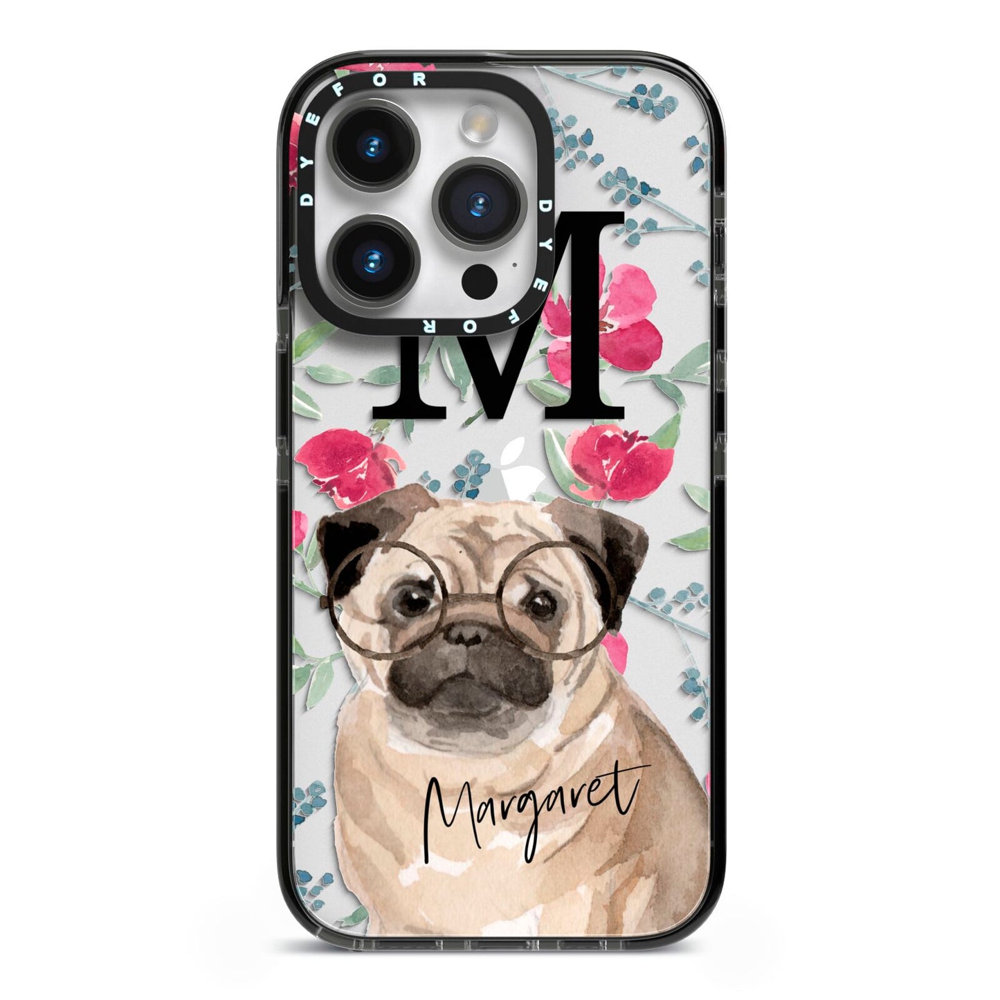 Personalised Pug Dog iPhone 14 Pro Black Impact Case on Silver phone