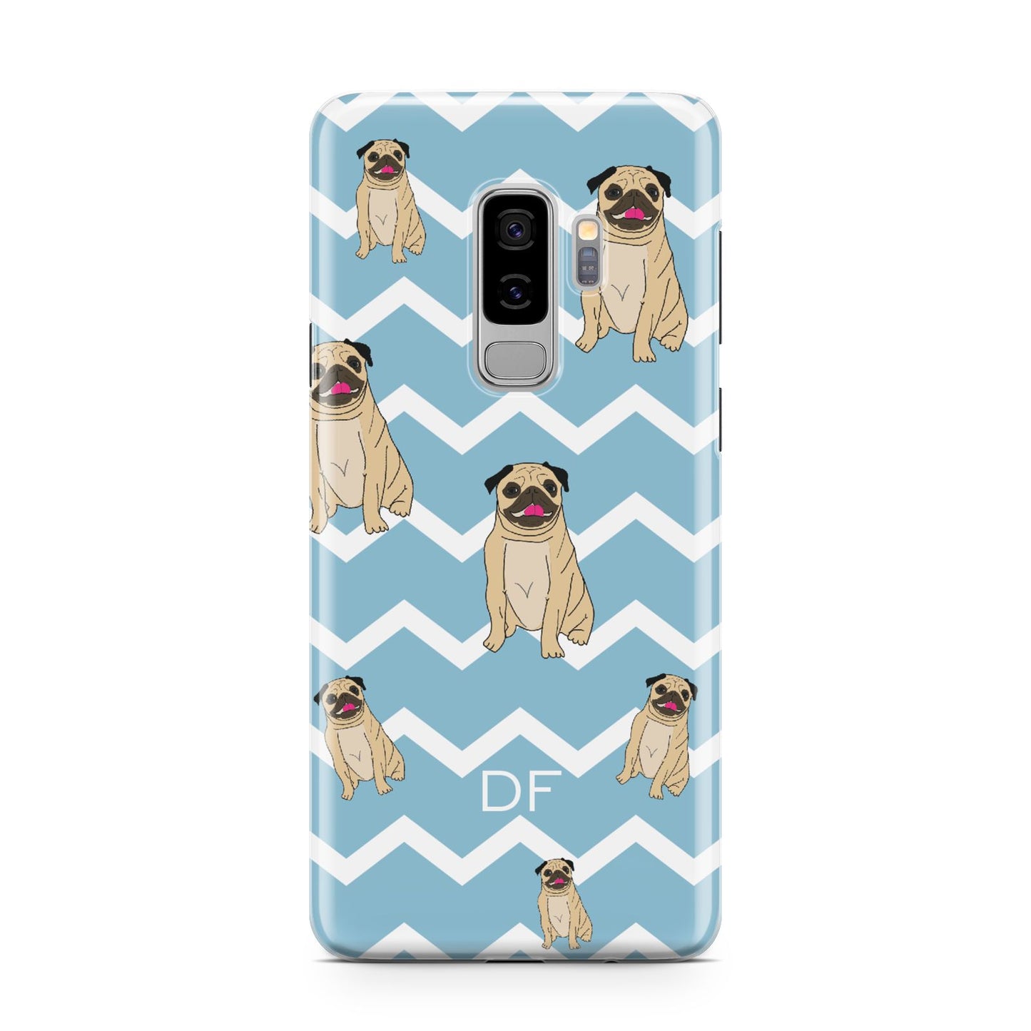 Personalised Pug Initials Samsung Galaxy S9 Plus Case on Silver phone