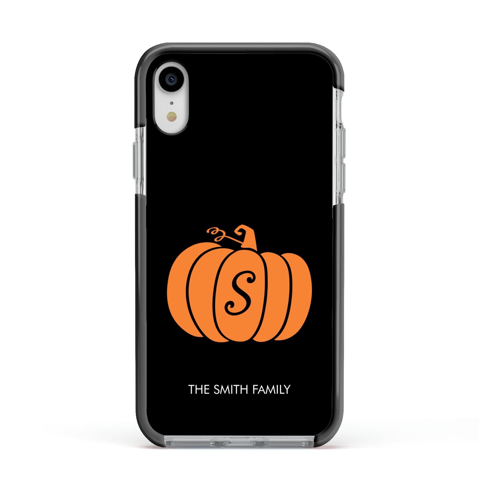 Personalised Pumpkin Apple iPhone XR Impact Case Black Edge on Silver Phone