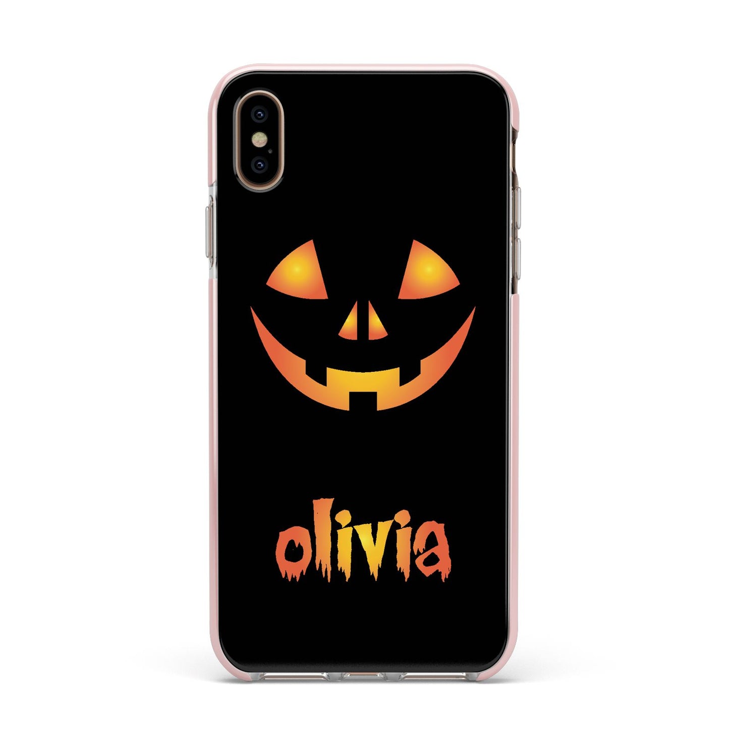 Personalised Pumpkin Face Halloween Apple iPhone Xs Max Impact Case Pink Edge on Gold Phone