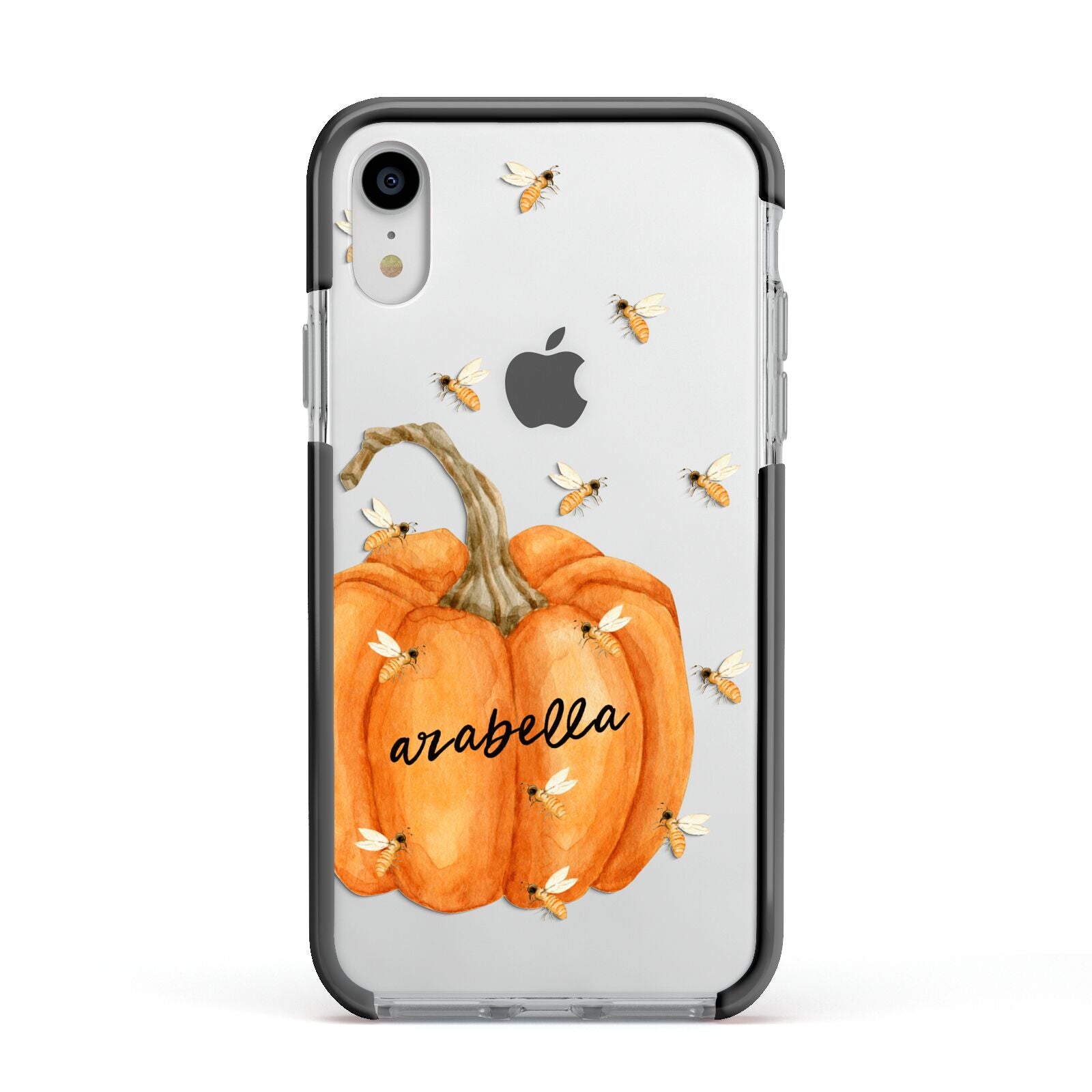 Personalised Pumpkin with Bees Apple iPhone XR Impact Case Black Edge on Silver Phone