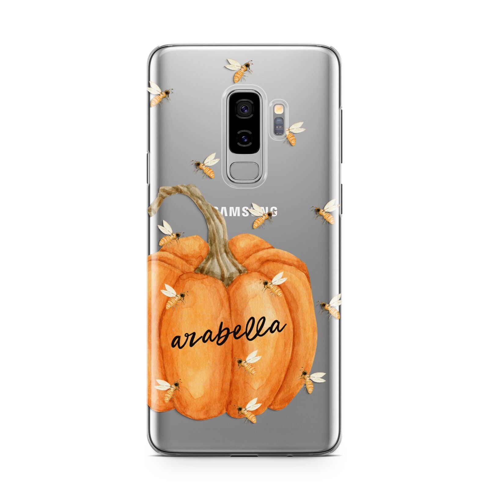 Personalised Pumpkin with Bees Samsung Galaxy S9 Plus Case on Silver phone