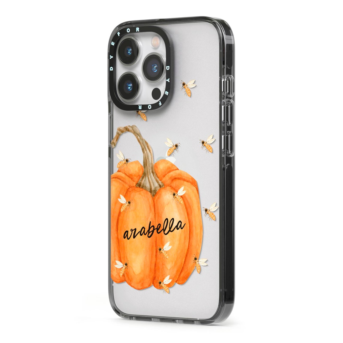 Personalised Pumpkin with Bees iPhone 13 Pro Black Impact Case Side Angle on Silver phone