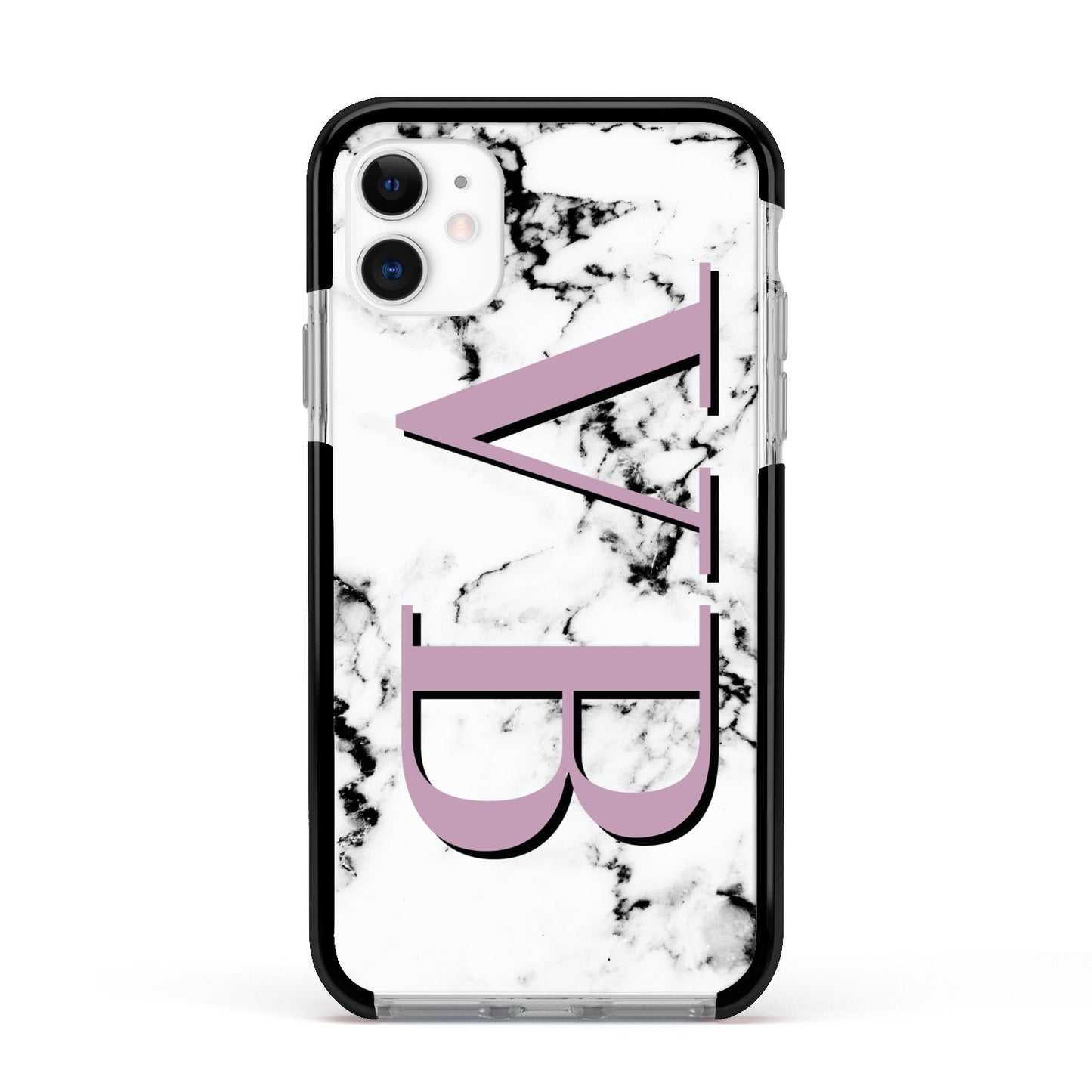 Personalised Purple Big Initials Marble Apple iPhone 11 in White with Black Impact Case