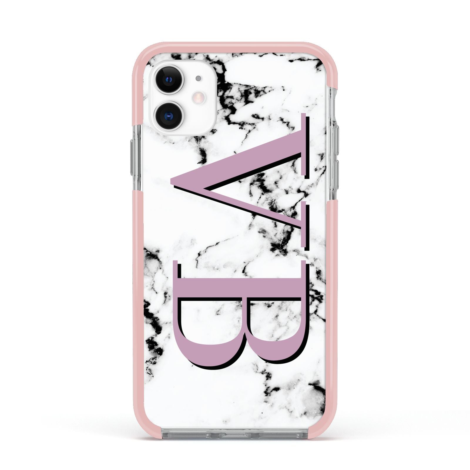 Personalised Purple Big Initials Marble Apple iPhone 11 in White with Pink Impact Case