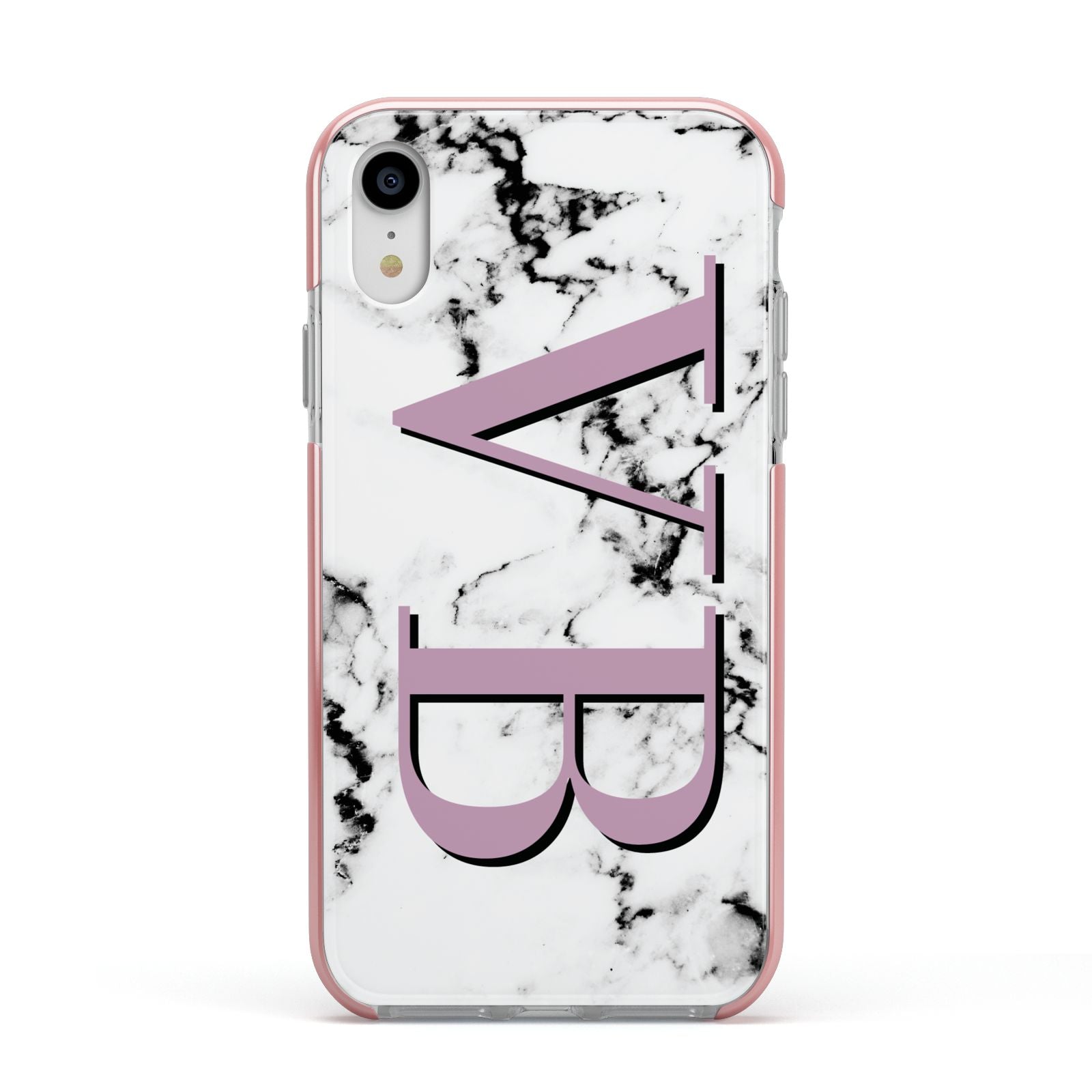 Personalised Purple Big Initials Marble Apple iPhone XR Impact Case Pink Edge on Silver Phone