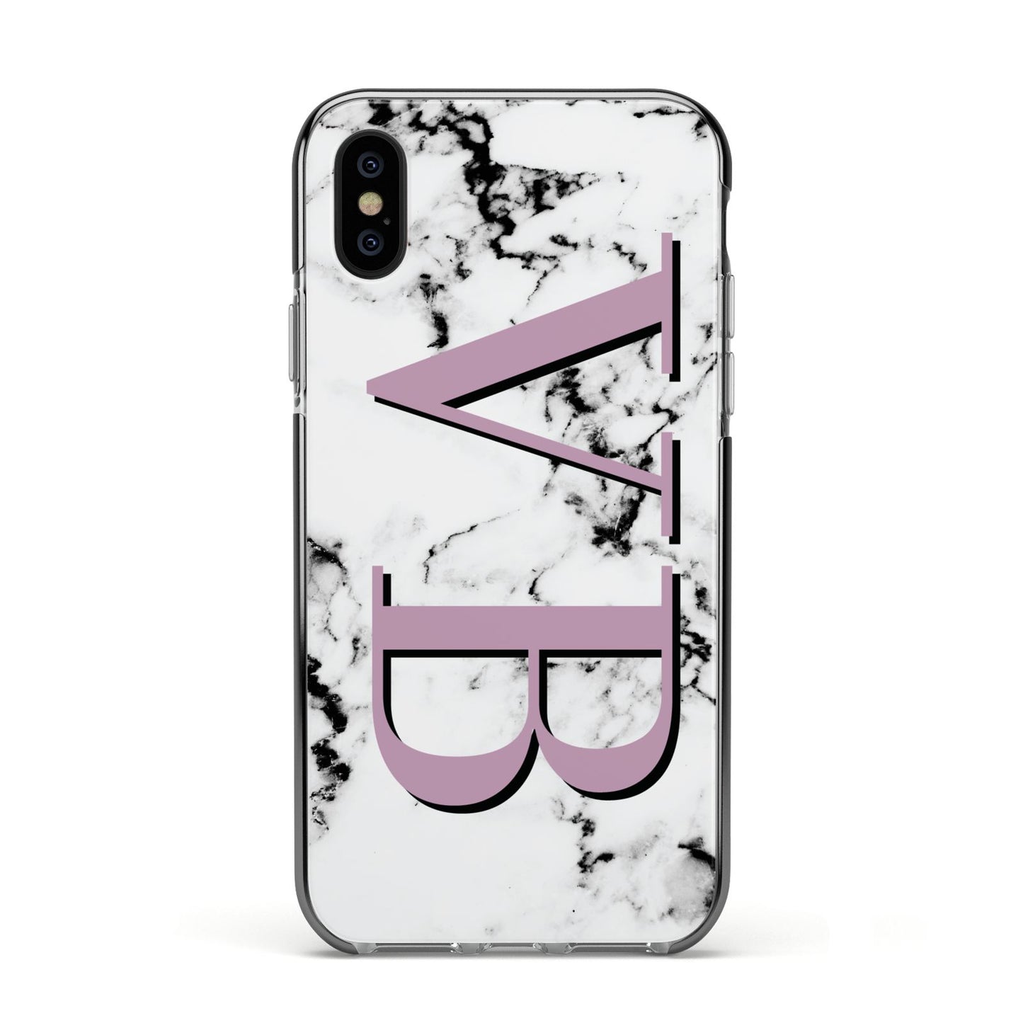 Personalised Purple Big Initials Marble Apple iPhone Xs Impact Case Black Edge on Black Phone