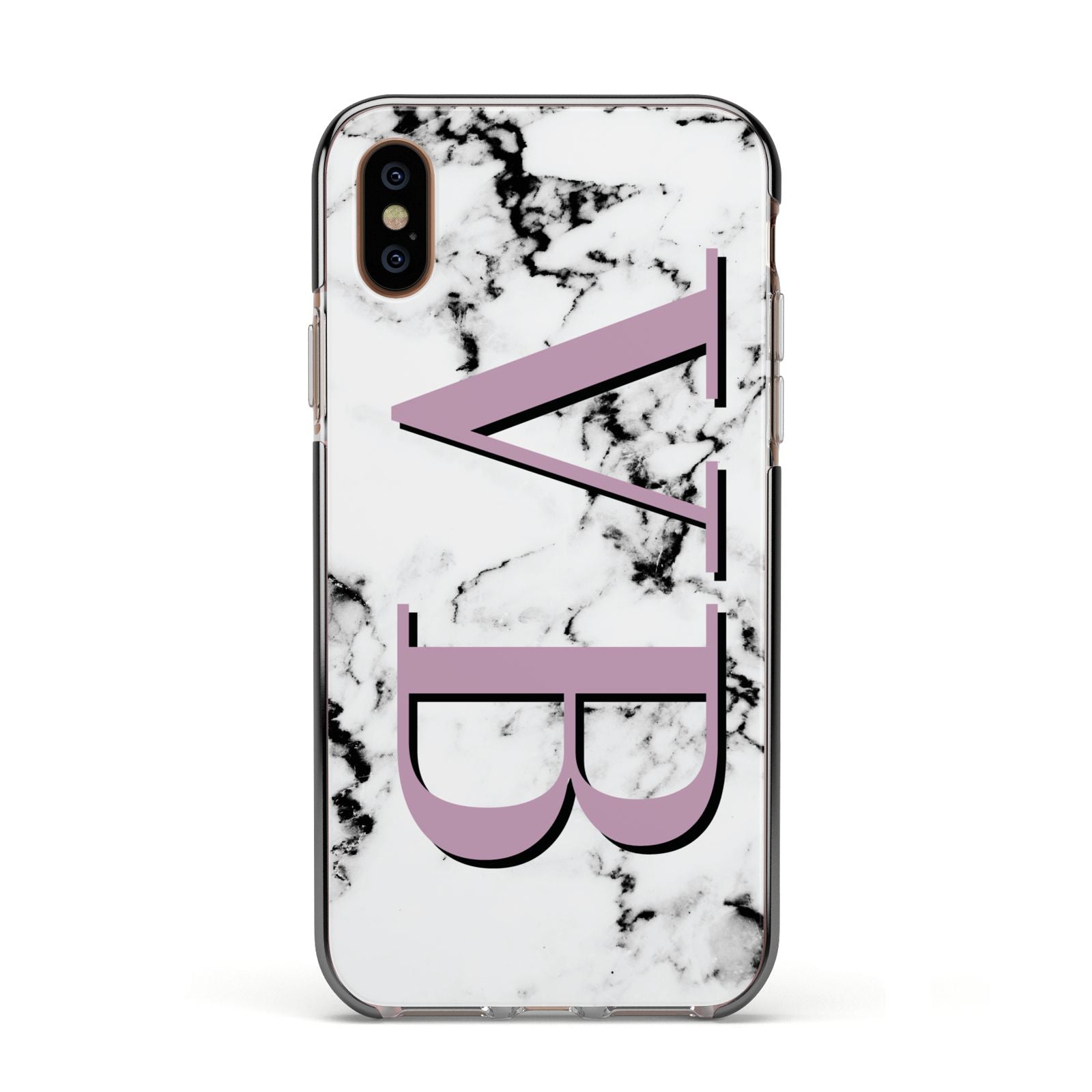 Personalised Purple Big Initials Marble Apple iPhone Xs Impact Case Black Edge on Gold Phone