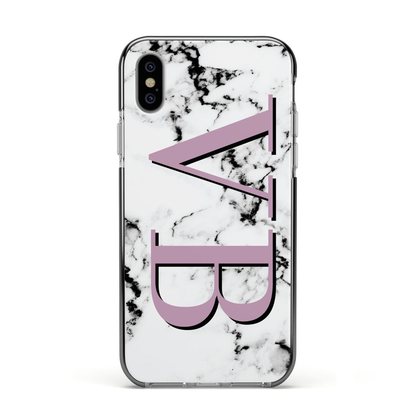 Personalised Purple Big Initials Marble Apple iPhone Xs Impact Case Black Edge on Silver Phone