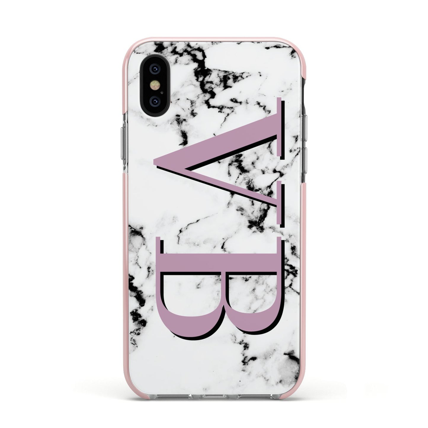 Personalised Purple Big Initials Marble Apple iPhone Xs Impact Case Pink Edge on Black Phone