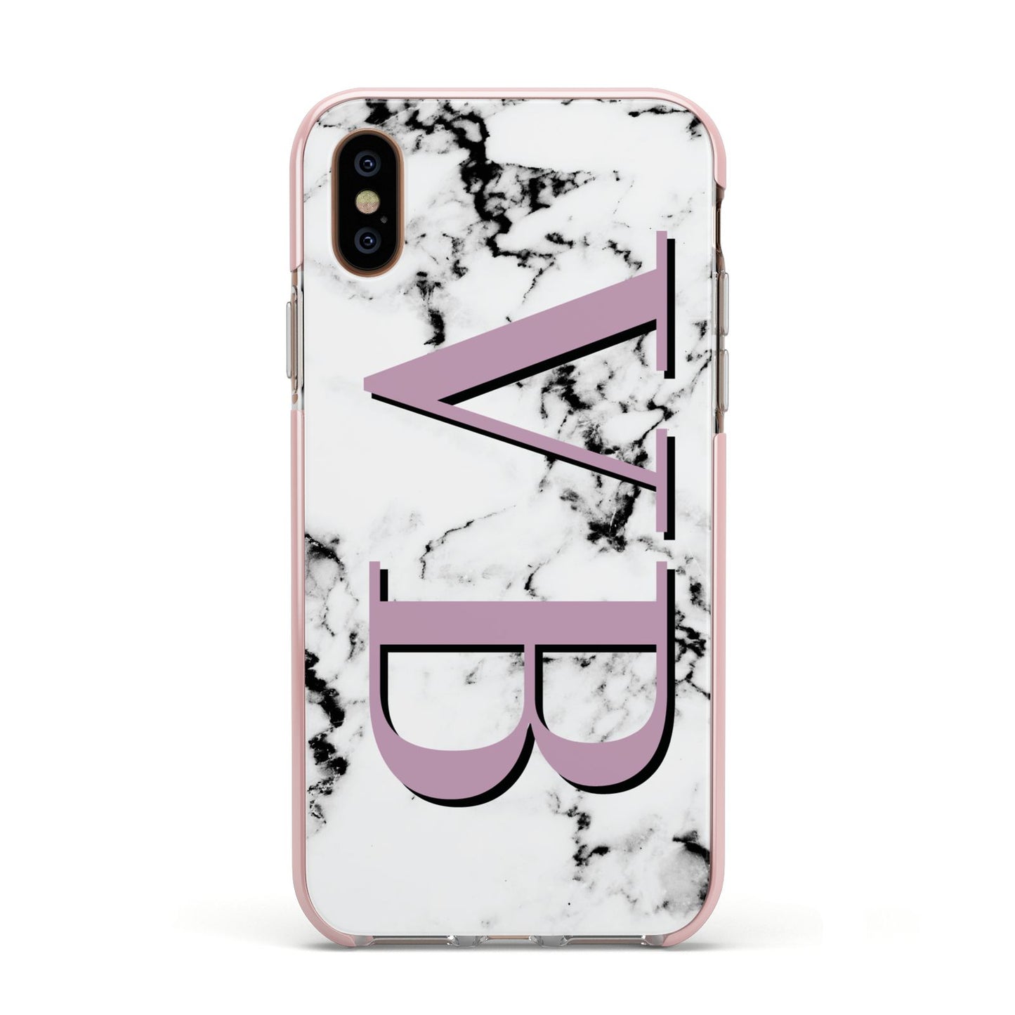 Personalised Purple Big Initials Marble Apple iPhone Xs Impact Case Pink Edge on Gold Phone