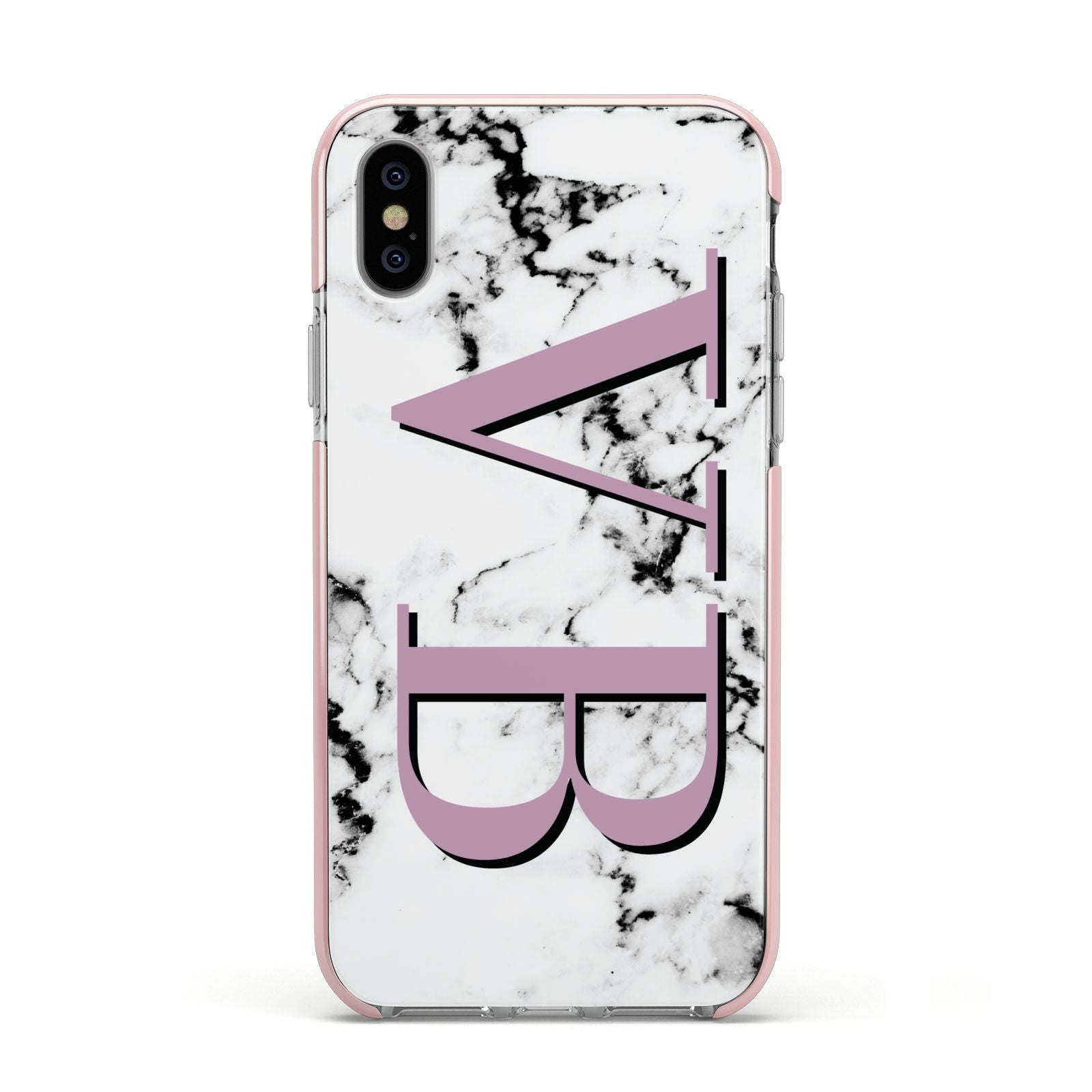 Personalised Purple Big Initials Marble Apple iPhone Xs Impact Case Pink Edge on Silver Phone