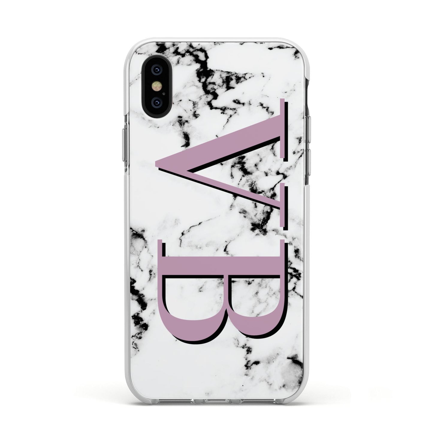 Personalised Purple Big Initials Marble Apple iPhone Xs Impact Case White Edge on Black Phone