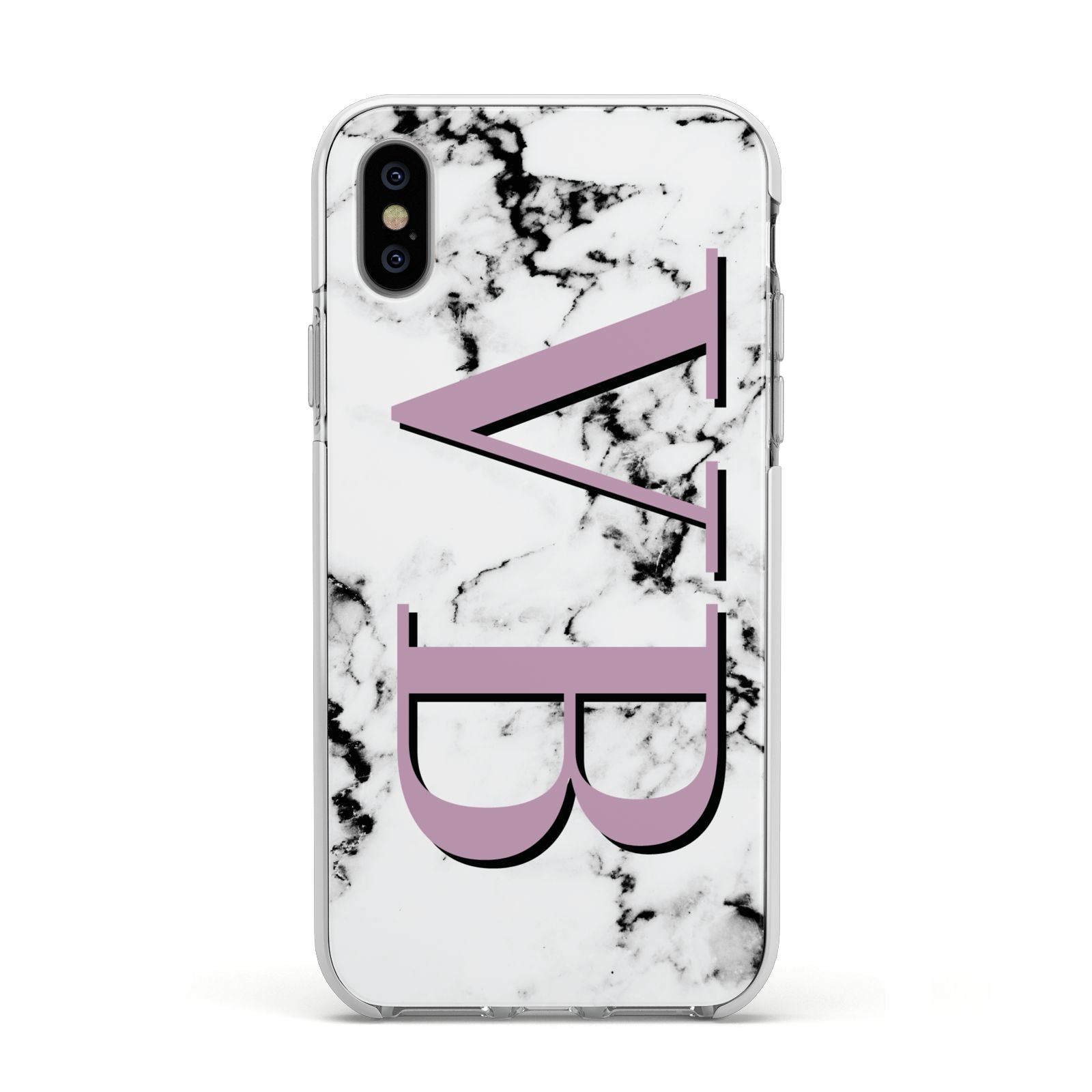 Personalised Purple Big Initials Marble Apple iPhone Xs Impact Case White Edge on Silver Phone