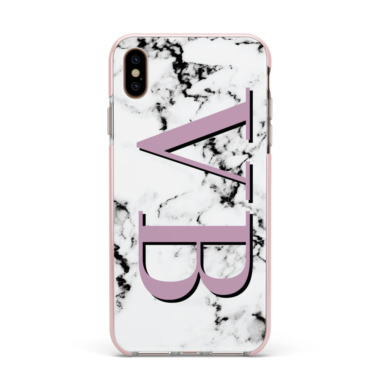 Personalised Purple Big Initials Marble Apple iPhone Xs Max Impact Case Pink Edge on Gold Phone