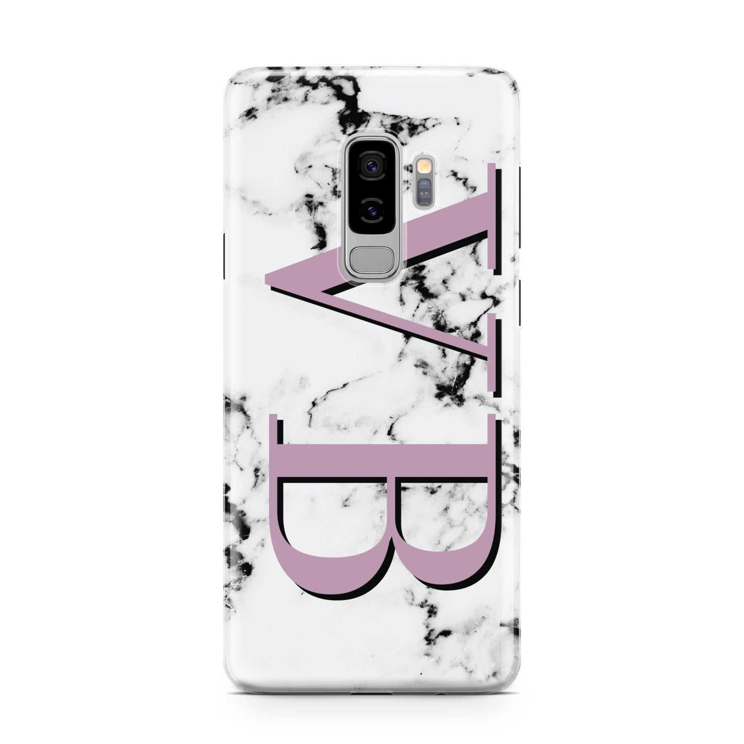 Personalised Purple Big Initials Marble Samsung Galaxy S9 Plus Case on Silver phone