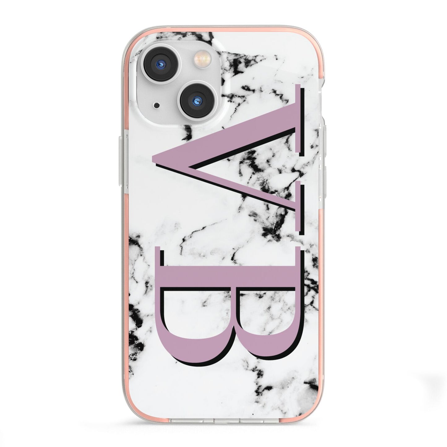 Personalised Purple Big Initials Marble iPhone 13 Mini TPU Impact Case with Pink Edges