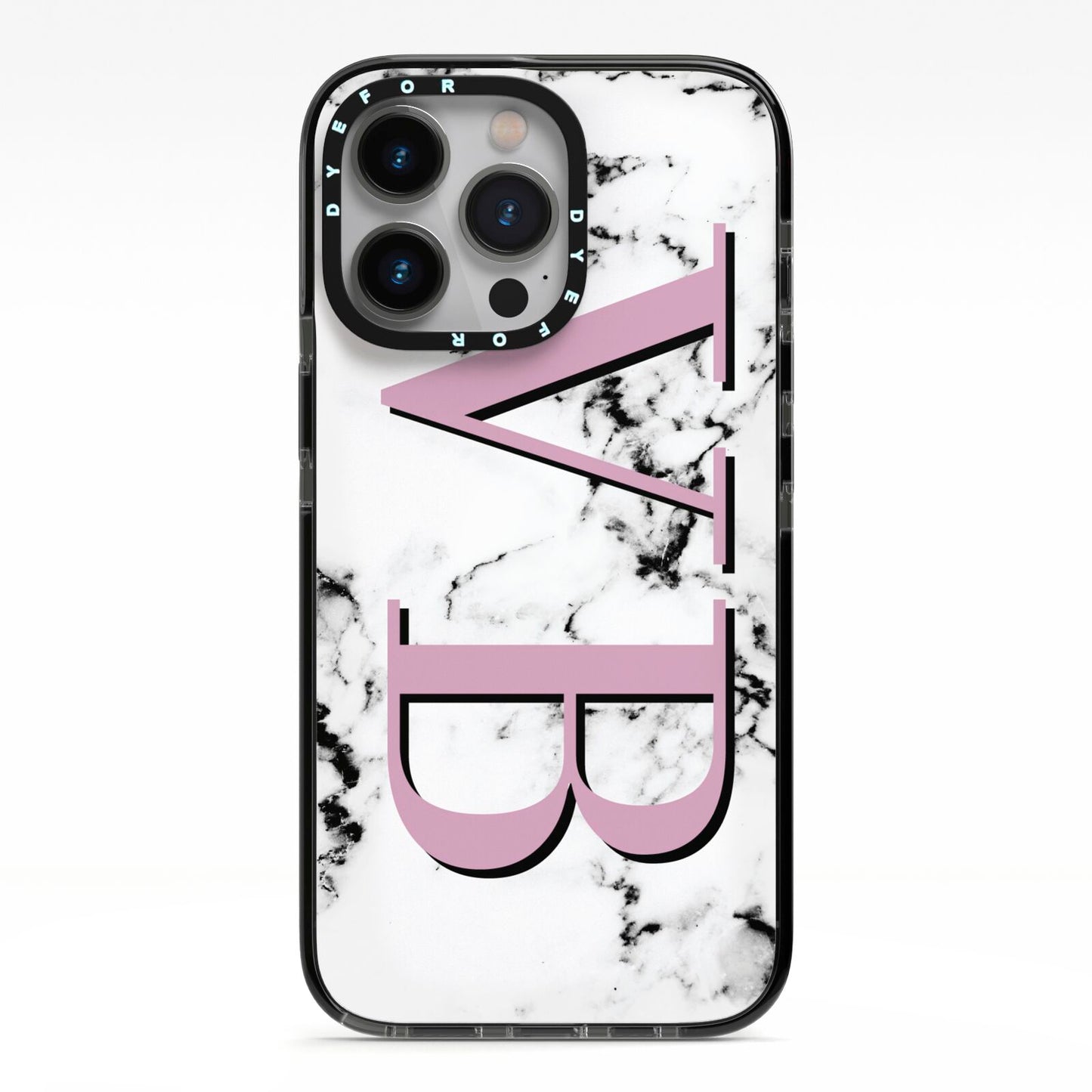 Personalised Purple Big Initials Marble iPhone 13 Pro Black Impact Case on Silver phone