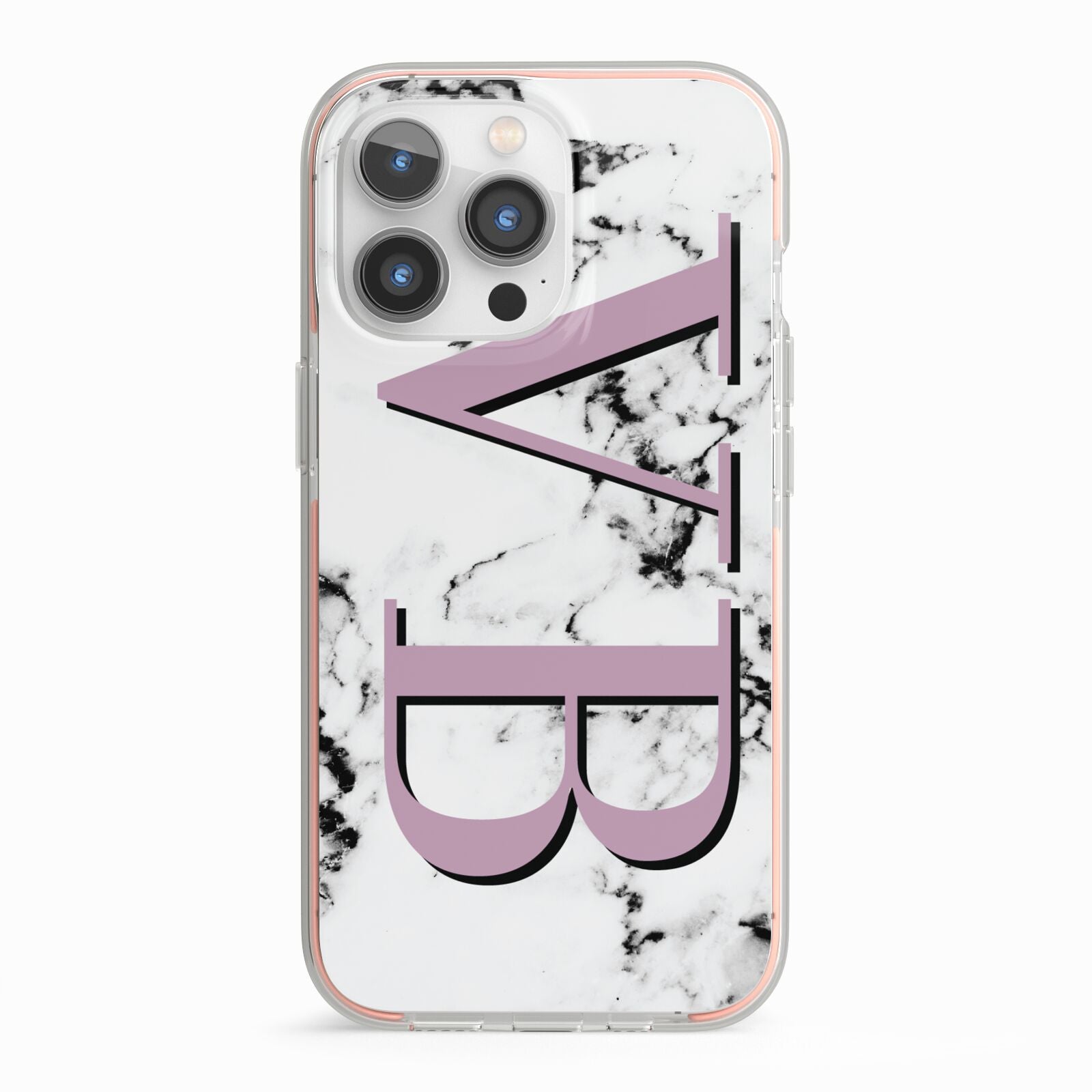 Personalised Purple Big Initials Marble iPhone 13 Pro TPU Impact Case with Pink Edges