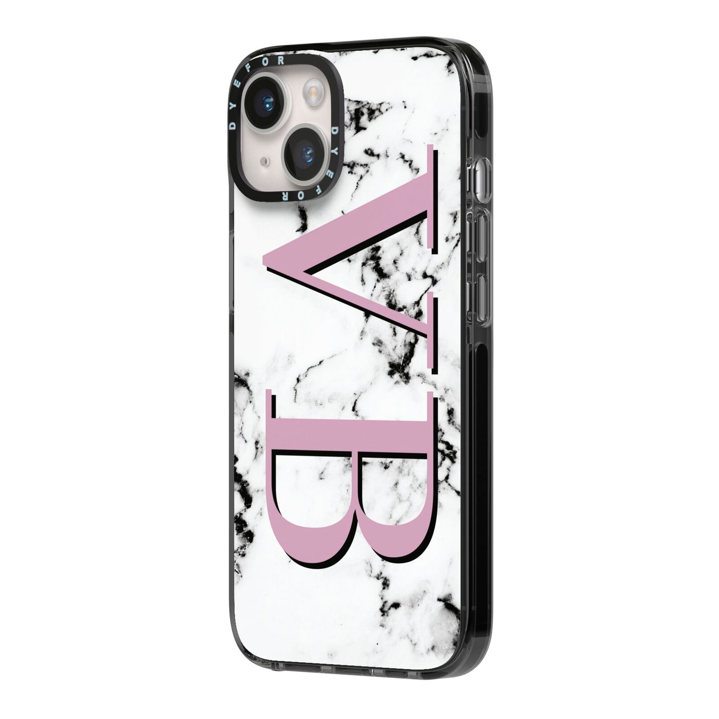 Personalised Purple Big Initials Marble iPhone 14 Black Impact Case Side Angle on Silver phone