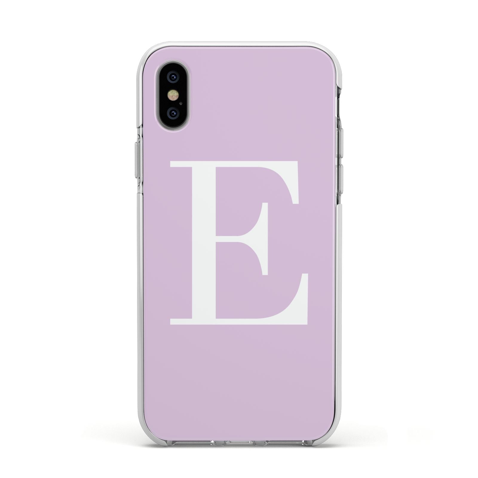 Personalised Purple Black Initial Apple iPhone Xs Impact Case White Edge on Silver Phone