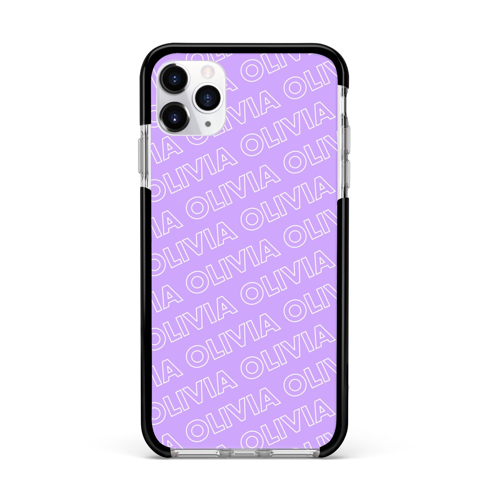 Personalised Purple Diagonal Name Apple iPhone 11 Pro Max in Silver with Black Impact Case