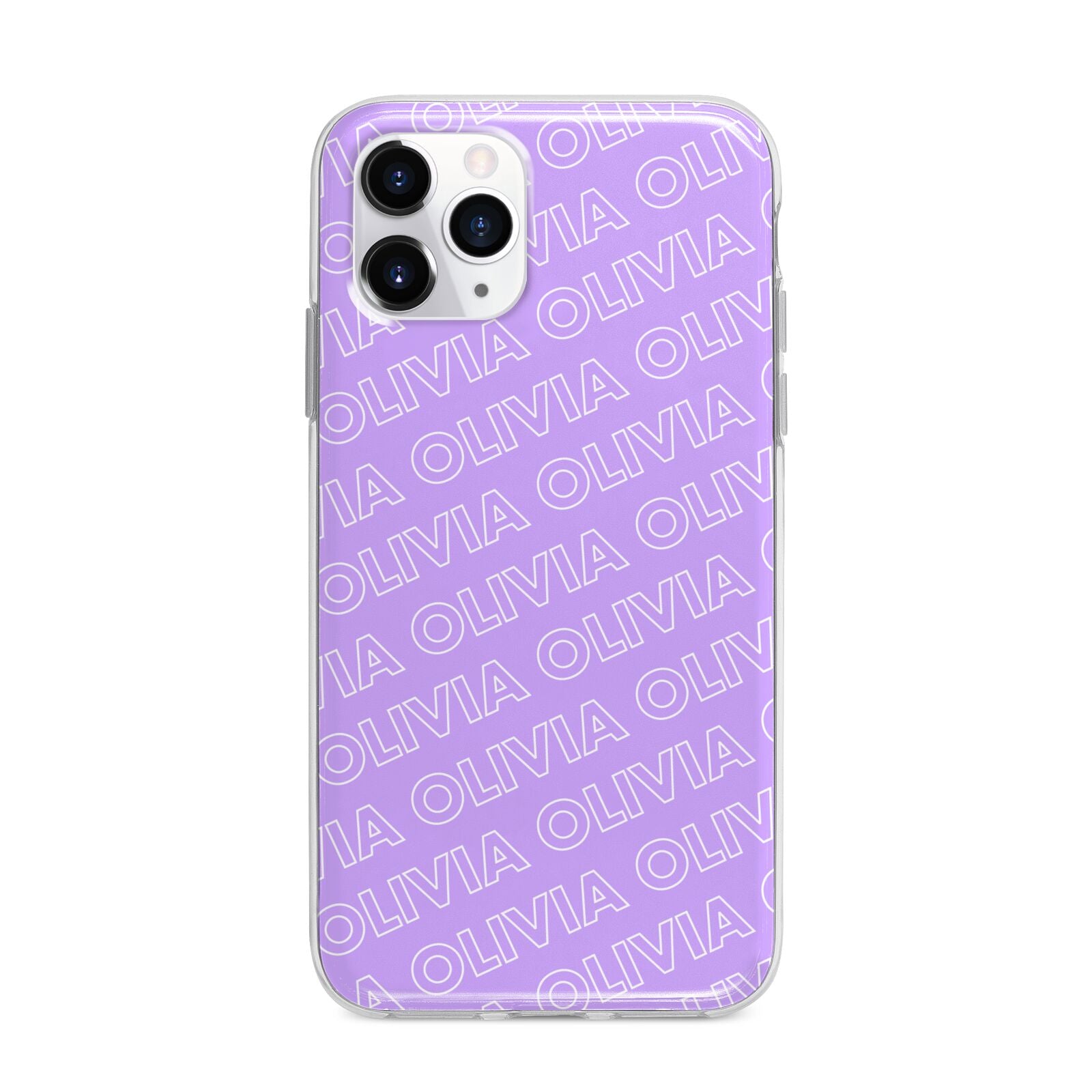 Personalised Purple Diagonal Name Apple iPhone 11 Pro Max in Silver with Bumper Case