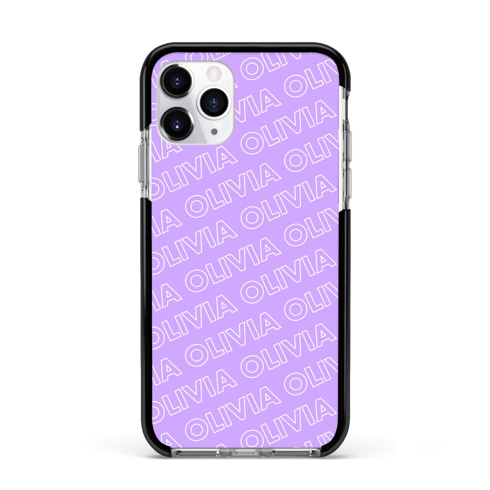 Personalised Purple Diagonal Name Apple iPhone 11 Pro in Silver with Black Impact Case