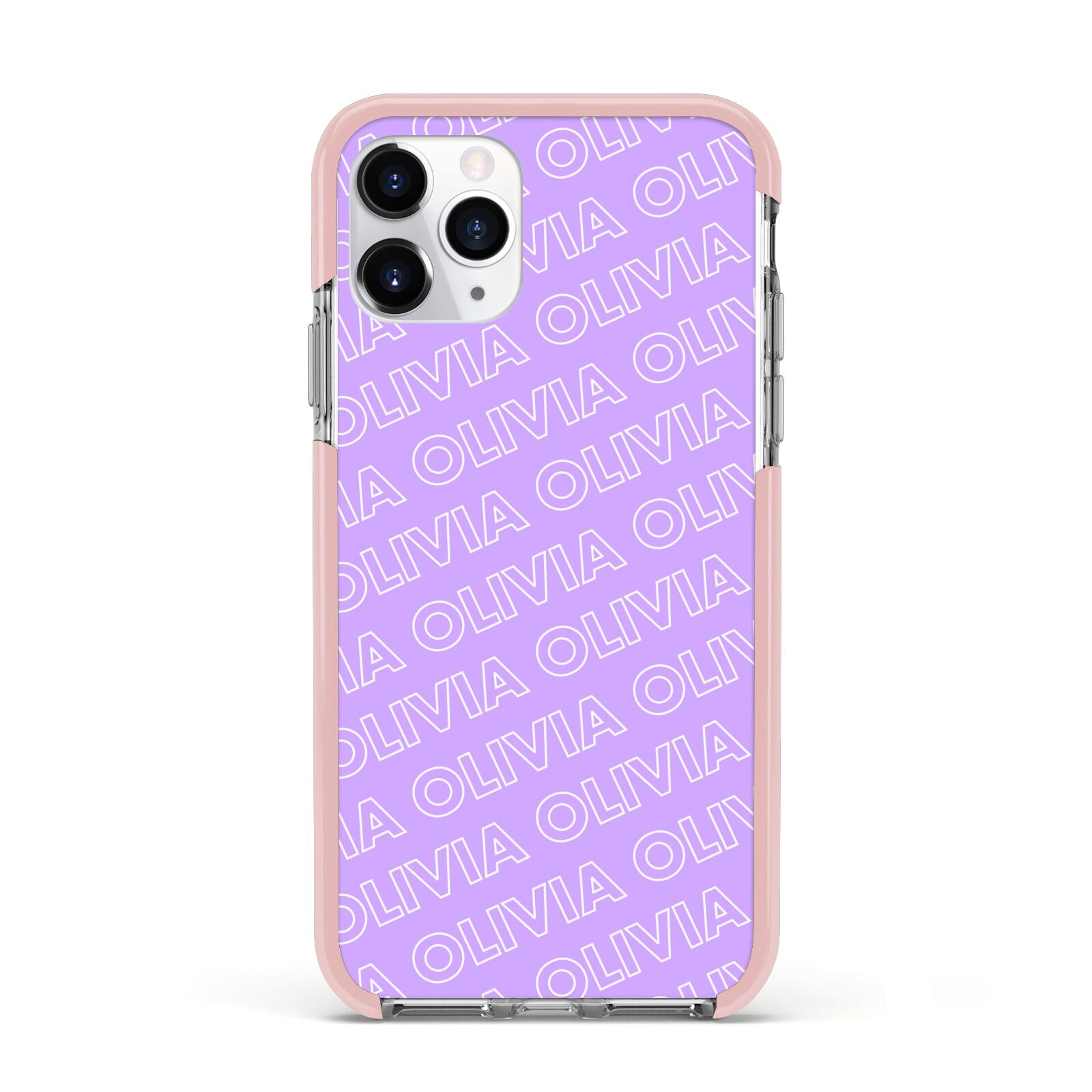 Personalised Purple Diagonal Name Apple iPhone 11 Pro in Silver with Pink Impact Case