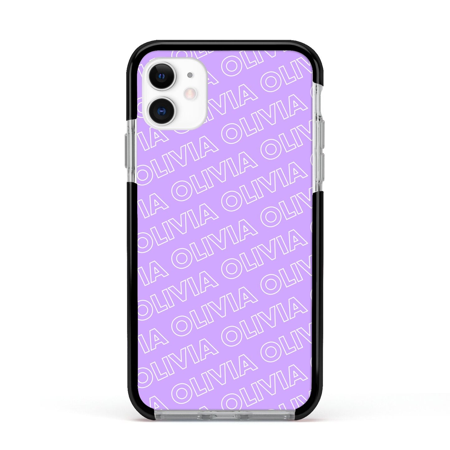 Personalised Purple Diagonal Name Apple iPhone 11 in White with Black Impact Case