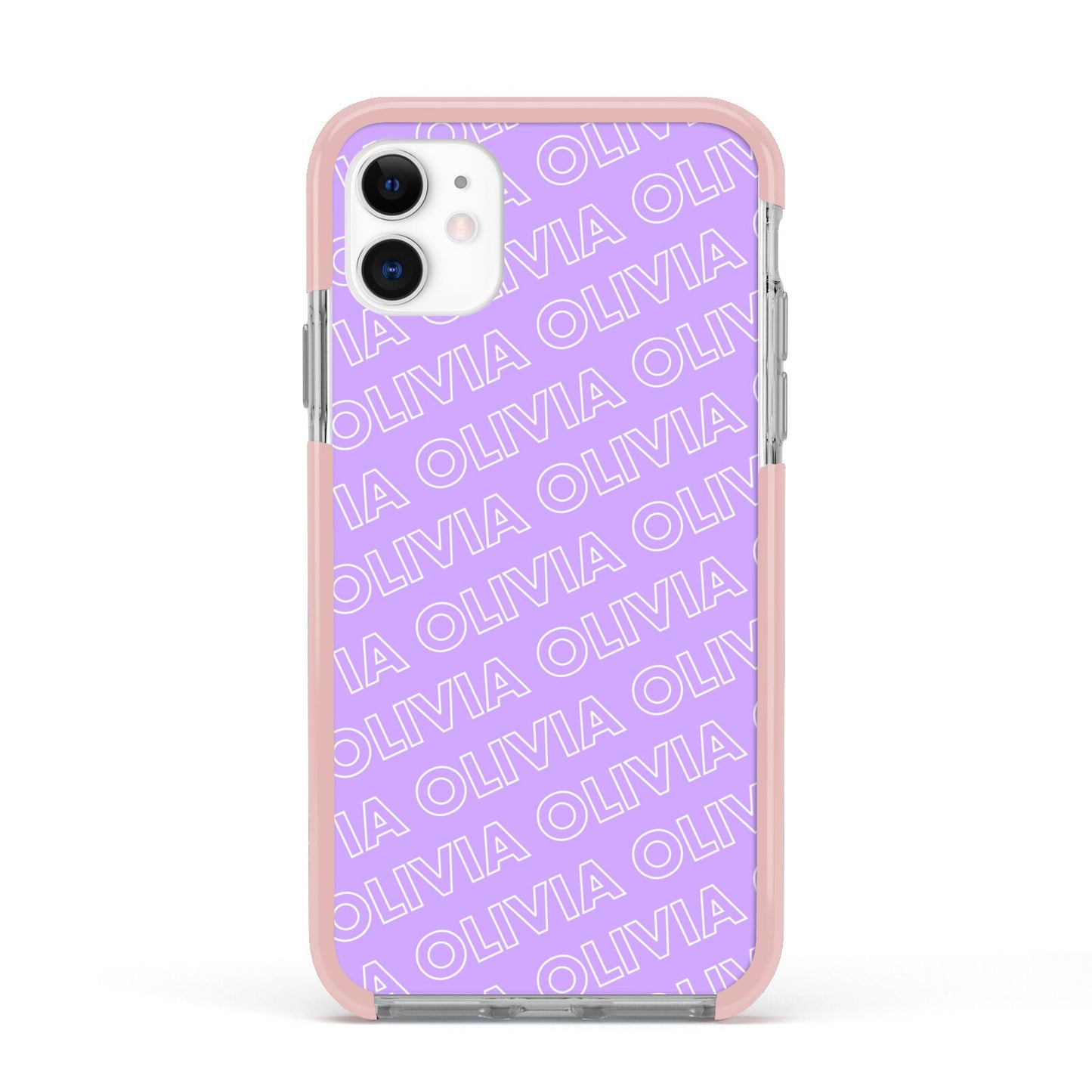 Personalised Purple Diagonal Name Apple iPhone 11 in White with Pink Impact Case