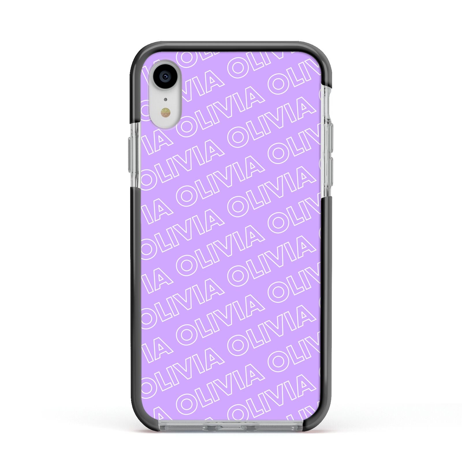 Personalised Purple Diagonal Name Apple iPhone XR Impact Case Black Edge on Silver Phone