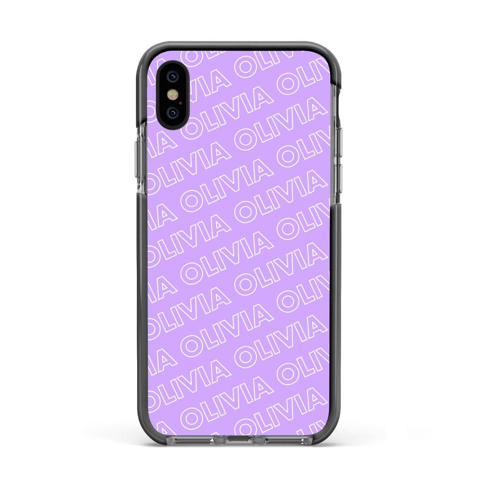 Personalised Purple Diagonal Name Apple iPhone Xs Impact Case Black Edge on Black Phone