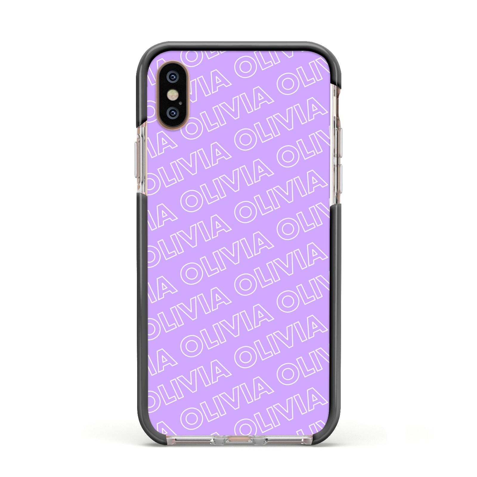 Personalised Purple Diagonal Name Apple iPhone Xs Impact Case Black Edge on Gold Phone