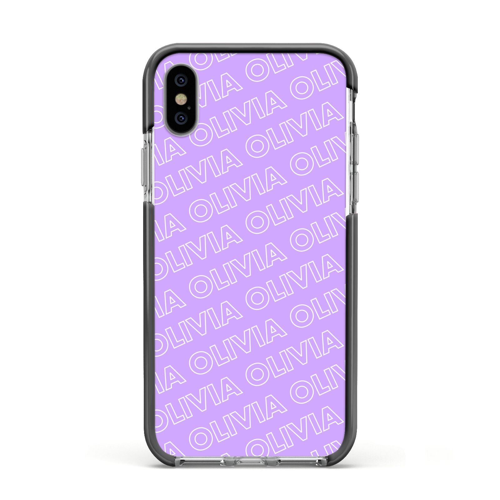 Personalised Purple Diagonal Name Apple iPhone Xs Impact Case Black Edge on Silver Phone