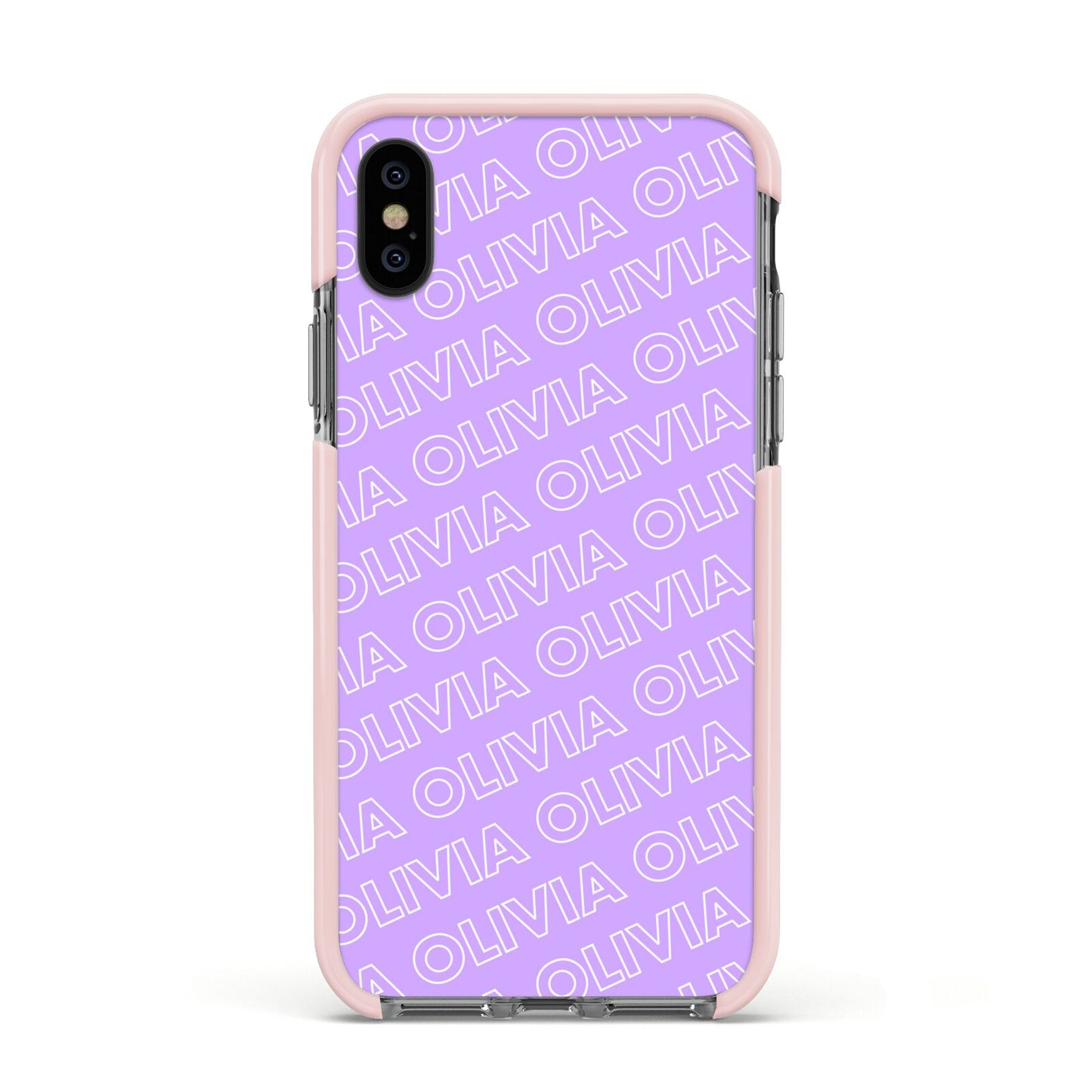 Personalised Purple Diagonal Name Apple iPhone Xs Impact Case Pink Edge on Black Phone