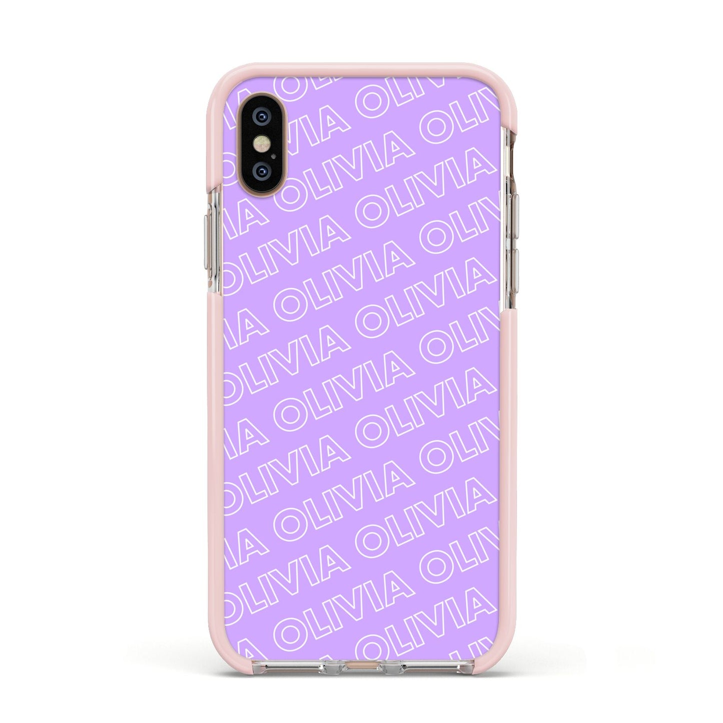 Personalised Purple Diagonal Name Apple iPhone Xs Impact Case Pink Edge on Gold Phone