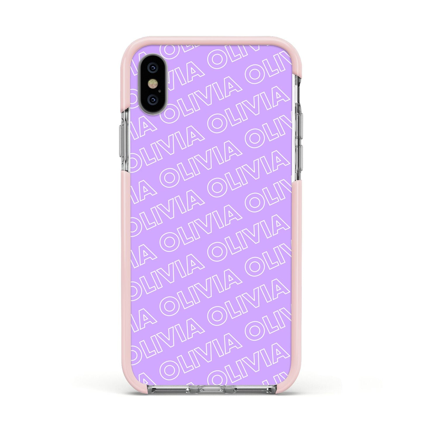 Personalised Purple Diagonal Name Apple iPhone Xs Impact Case Pink Edge on Silver Phone