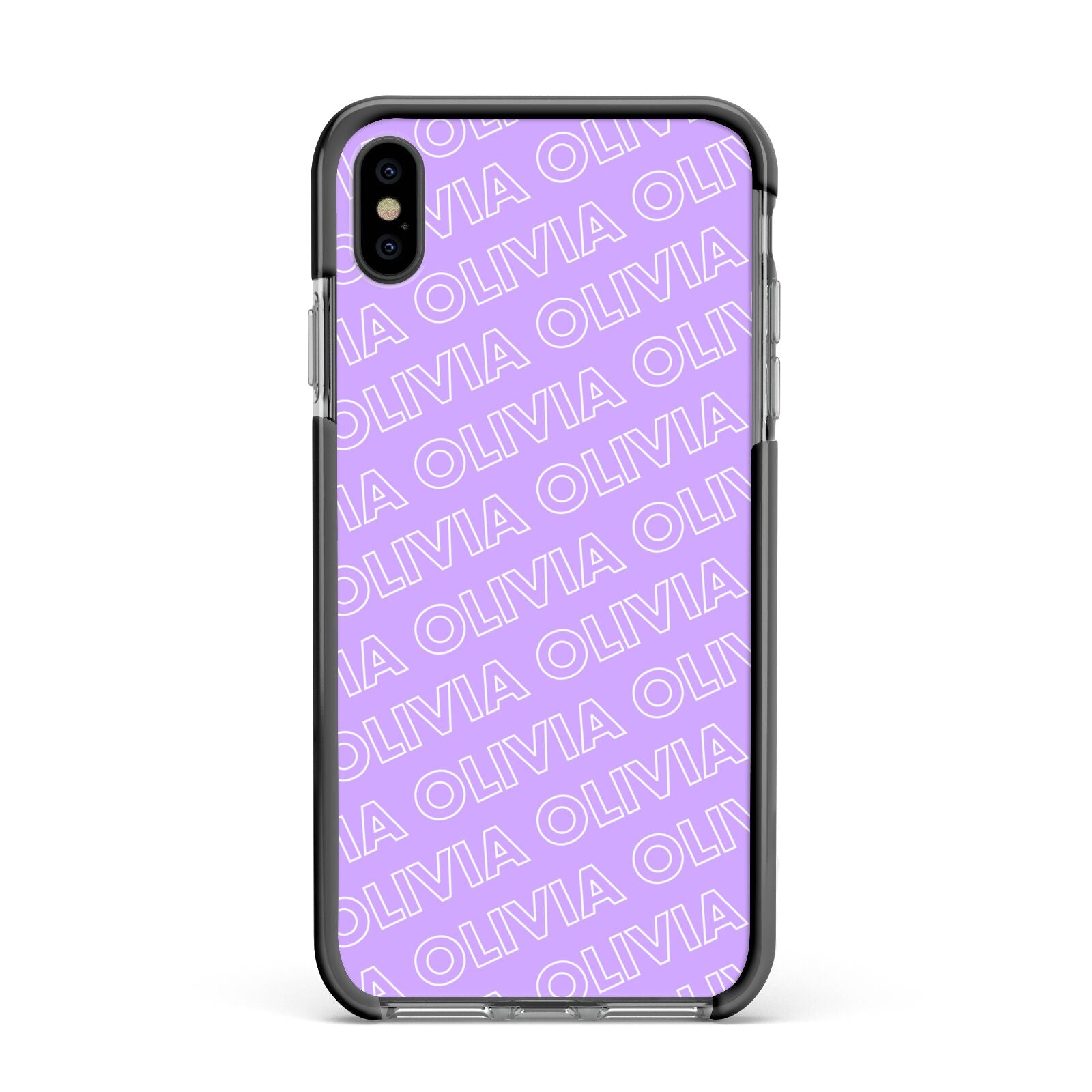 Personalised Purple Diagonal Name Apple iPhone Xs Max Impact Case Black Edge on Black Phone