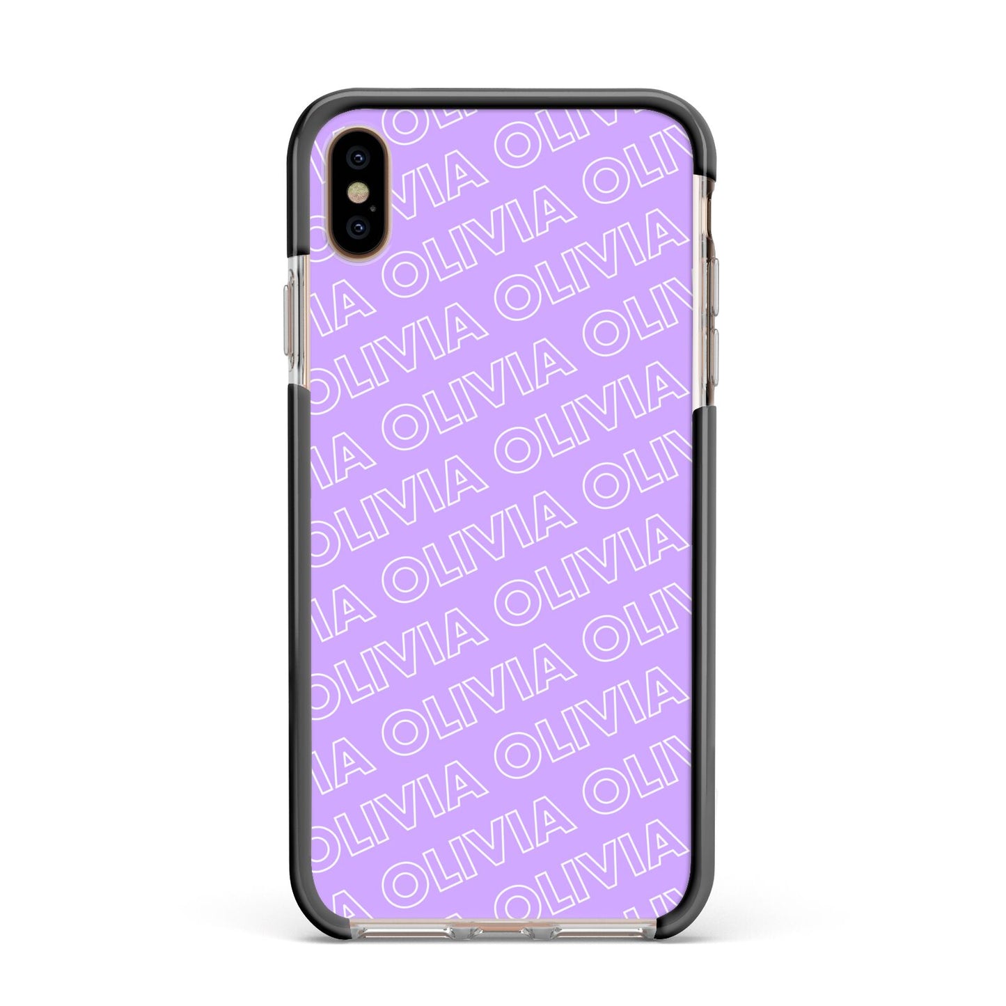 Personalised Purple Diagonal Name Apple iPhone Xs Max Impact Case Black Edge on Gold Phone