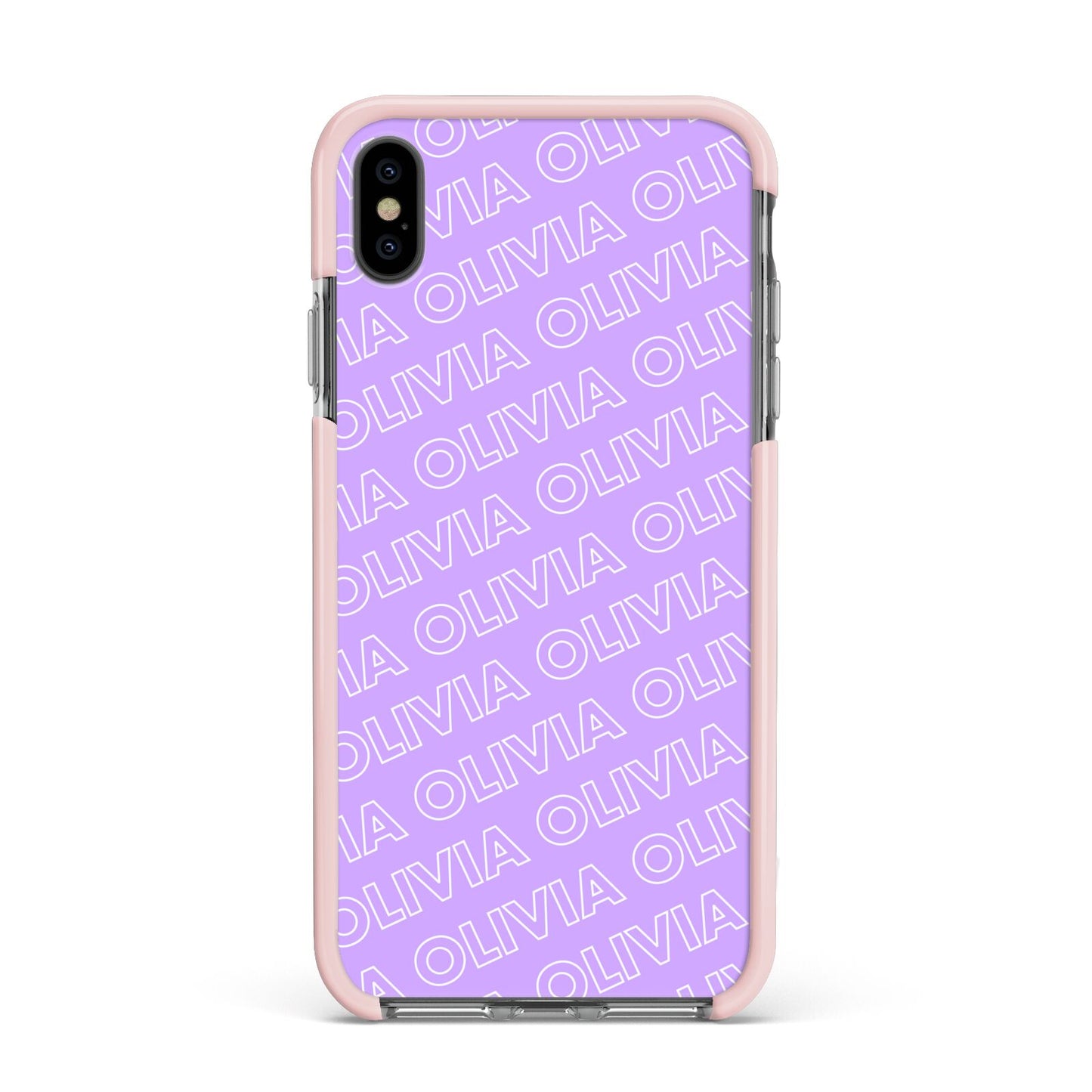 Personalised Purple Diagonal Name Apple iPhone Xs Max Impact Case Pink Edge on Black Phone