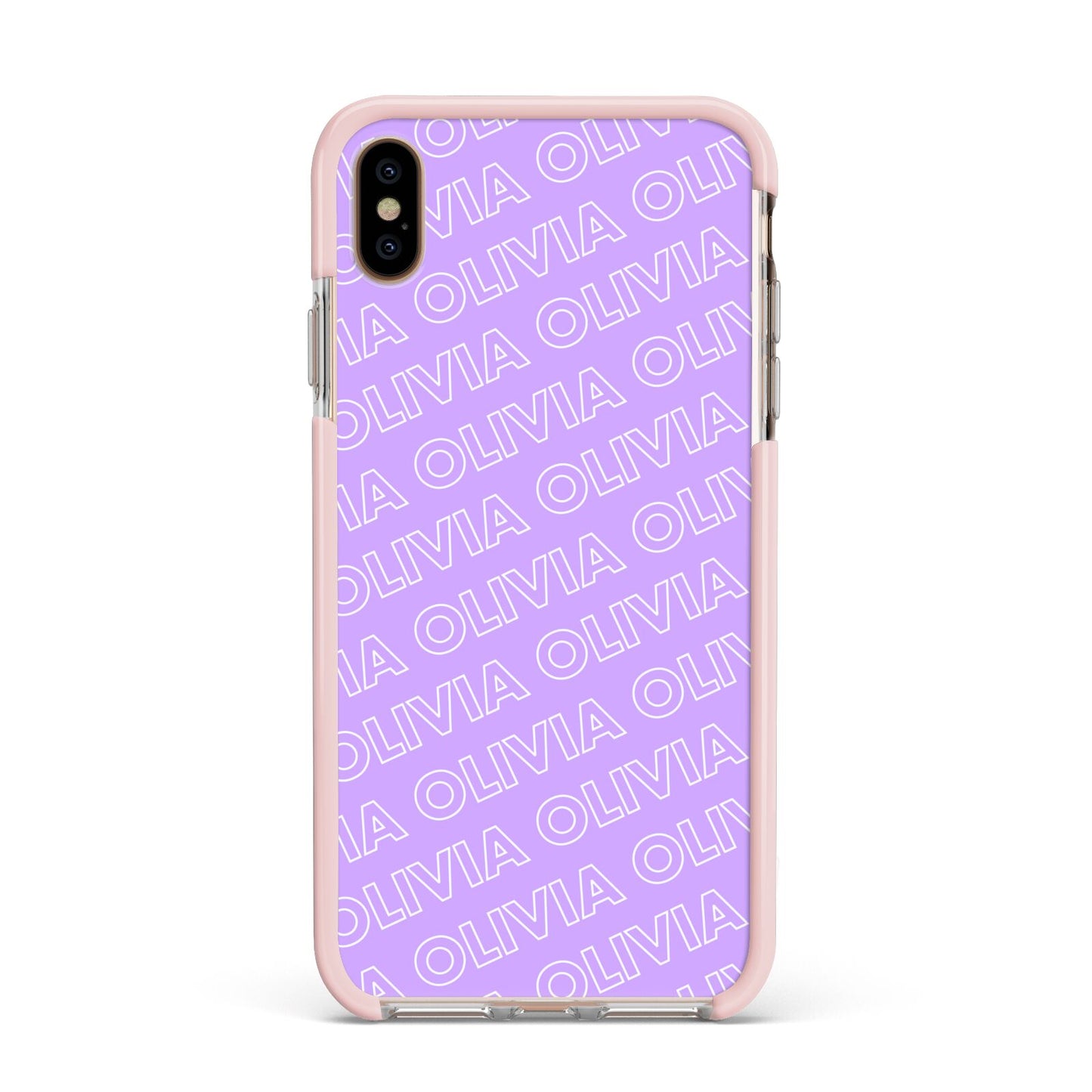 Personalised Purple Diagonal Name Apple iPhone Xs Max Impact Case Pink Edge on Gold Phone