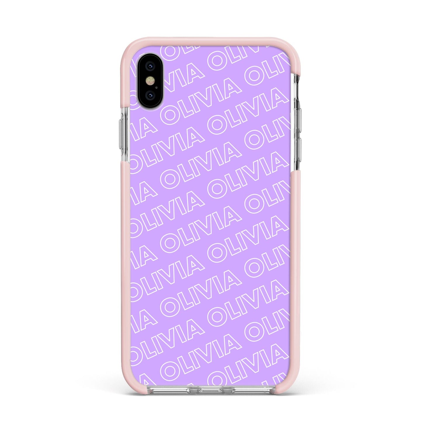 Personalised Purple Diagonal Name Apple iPhone Xs Max Impact Case Pink Edge on Silver Phone