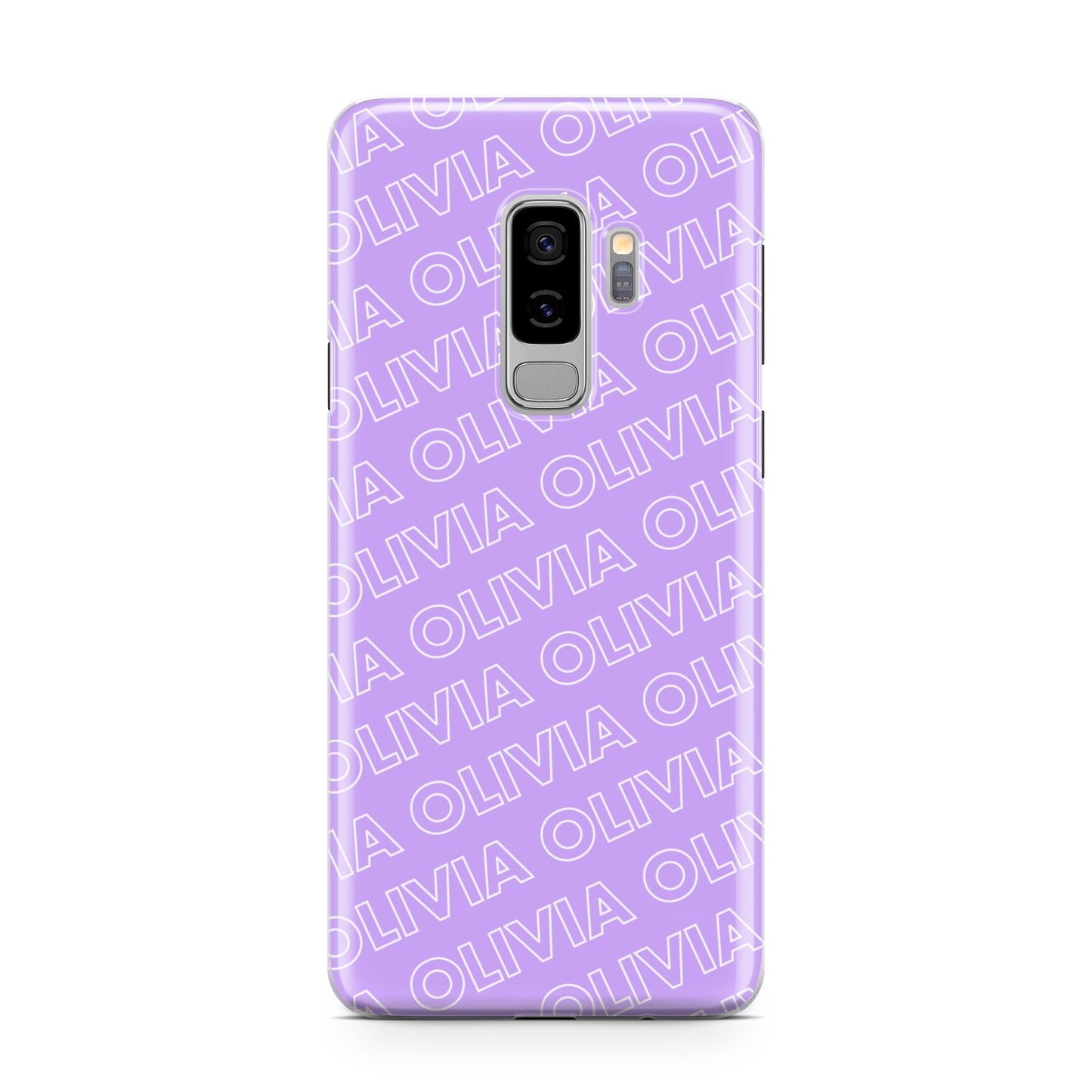 Personalised Purple Diagonal Name Samsung Galaxy S9 Plus Case on Silver phone