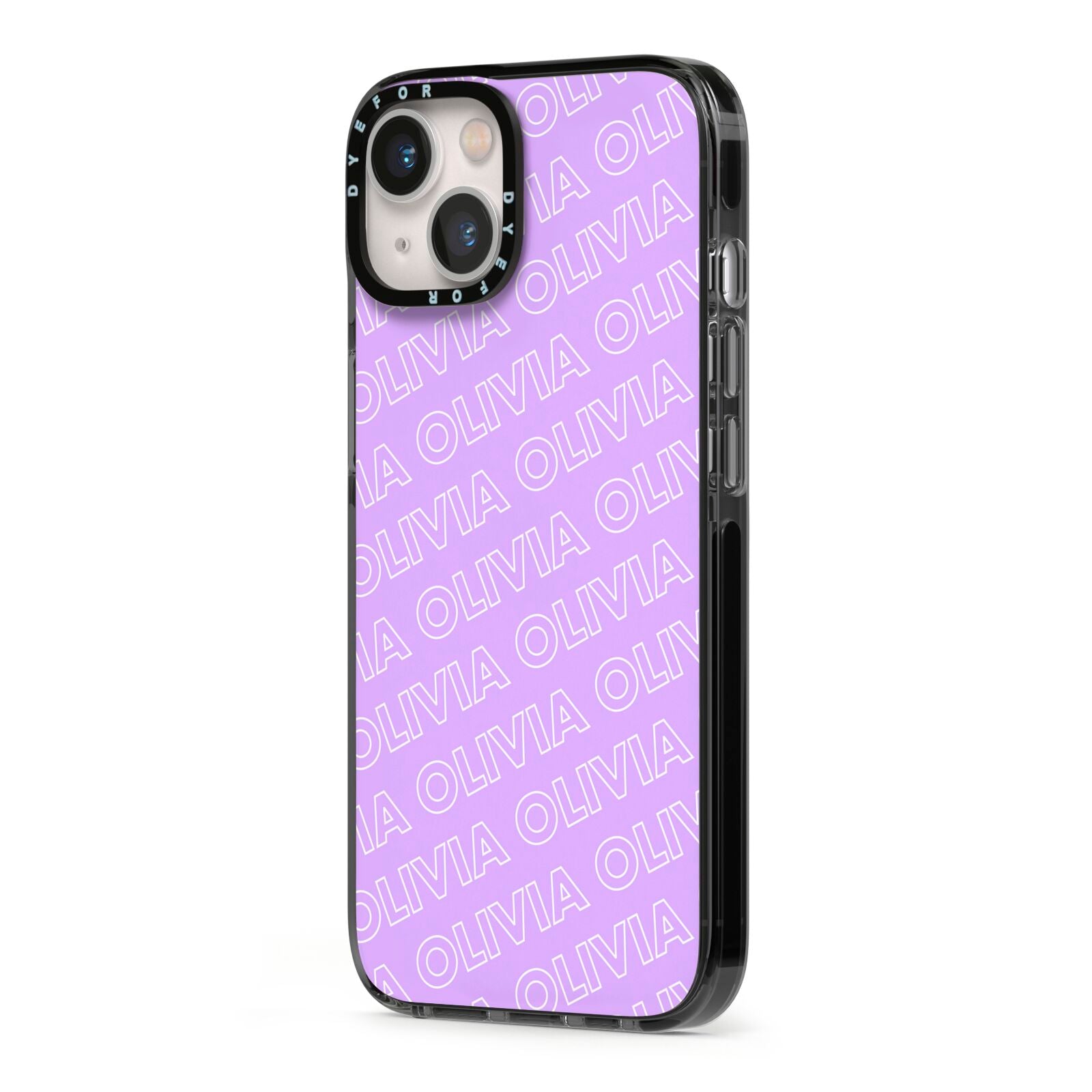 Personalised Purple Diagonal Name iPhone 13 Black Impact Case Side Angle on Silver phone