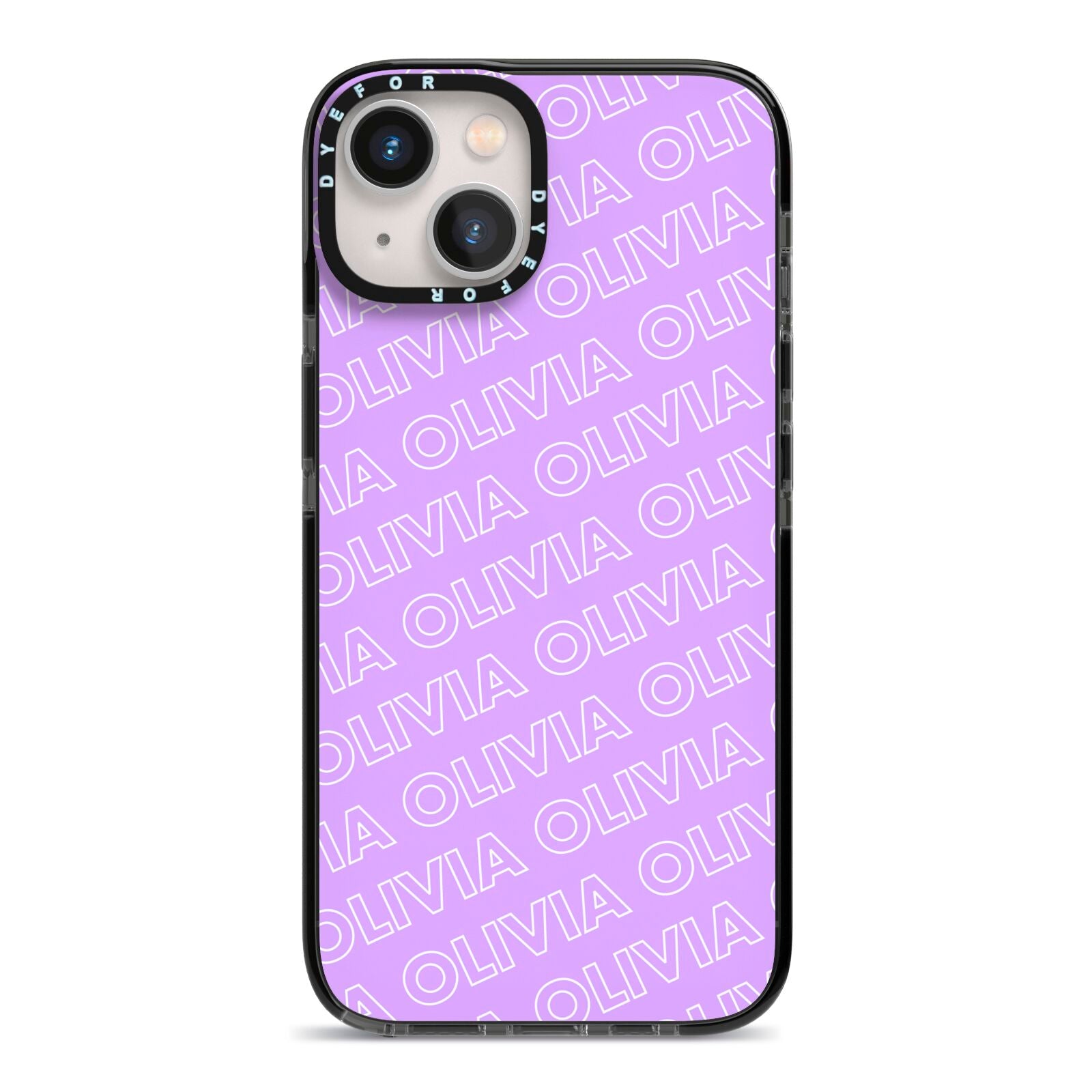 Personalised Purple Diagonal Name iPhone 13 Black Impact Case on Silver phone