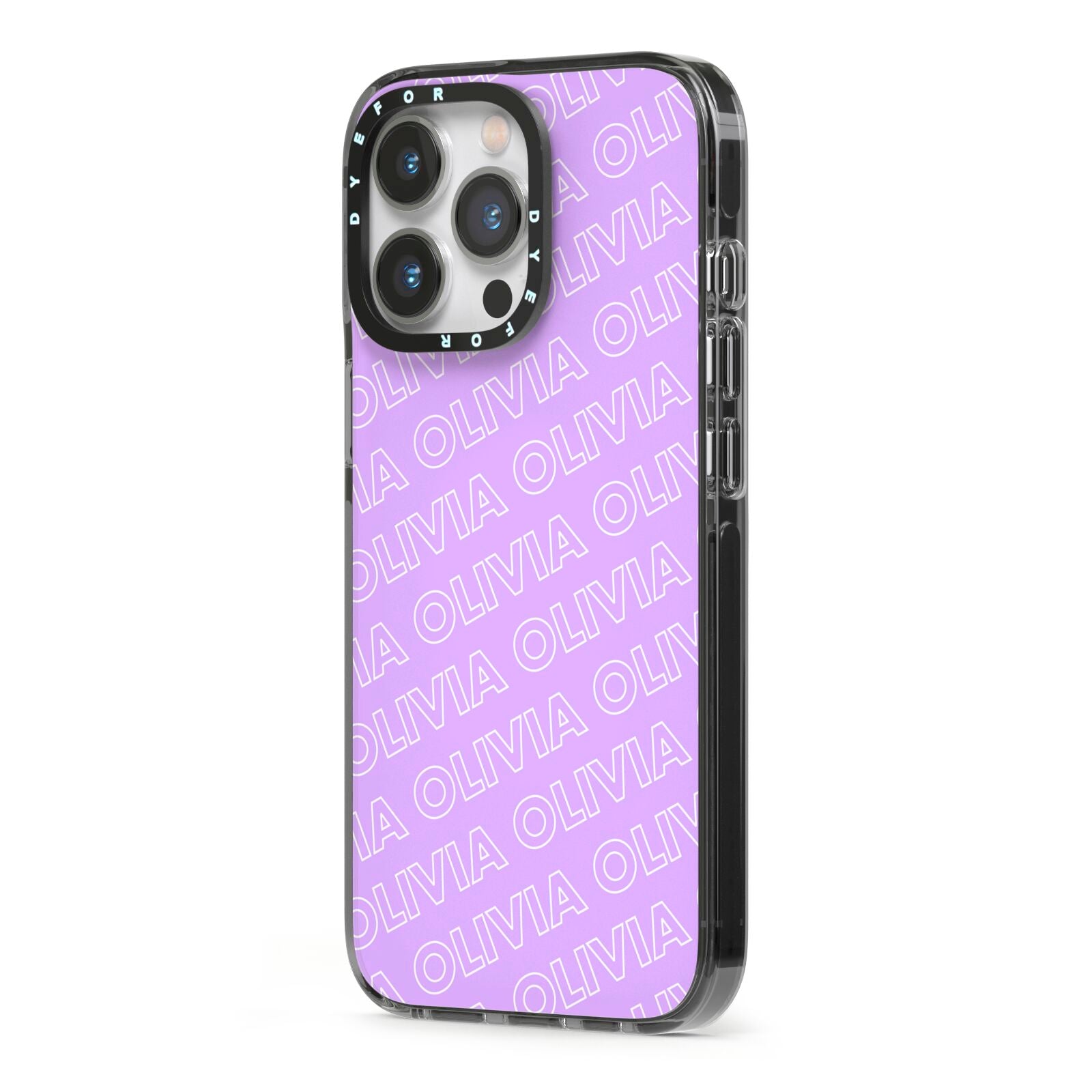 Personalised Purple Diagonal Name iPhone 13 Pro Black Impact Case Side Angle on Silver phone