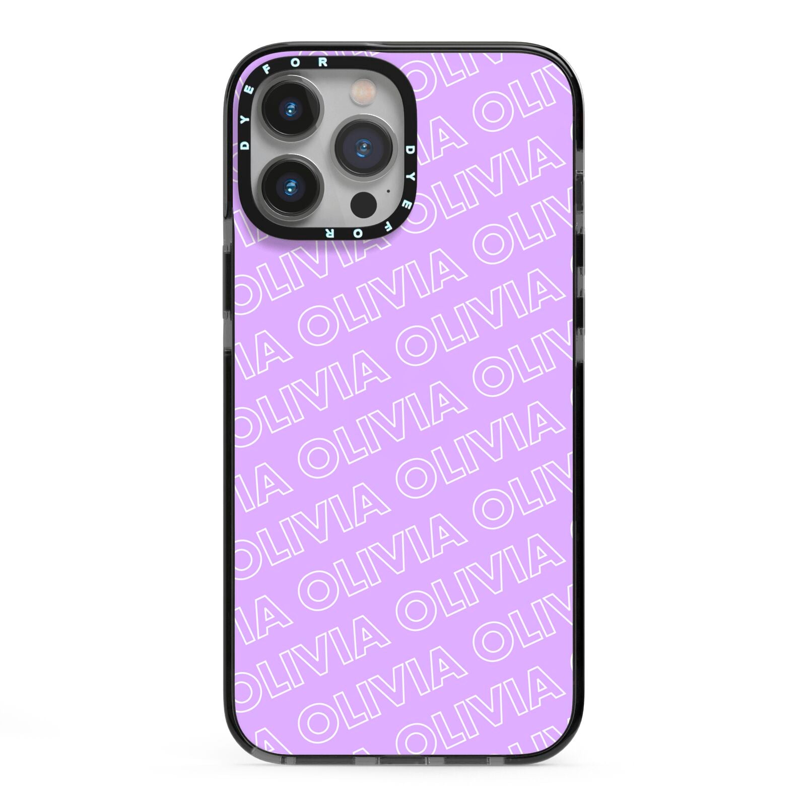 Personalised Purple Diagonal Name iPhone 13 Pro Max Black Impact Case on Silver phone