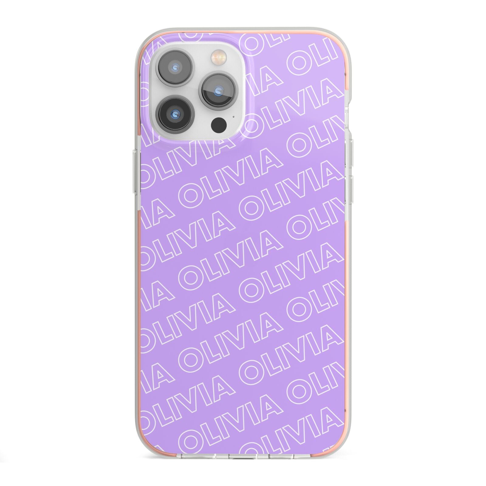 Personalised Purple Diagonal Name iPhone 13 Pro Max TPU Impact Case with Pink Edges