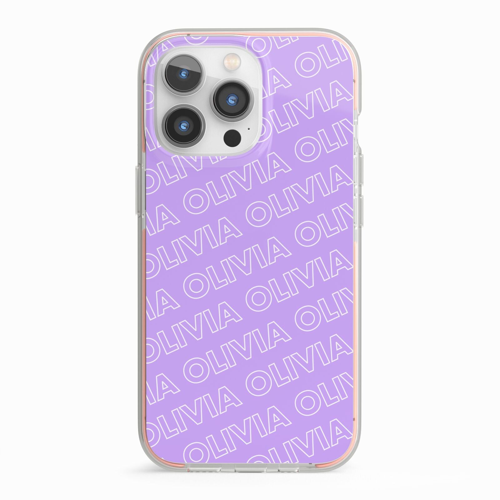 Personalised Purple Diagonal Name iPhone 13 Pro TPU Impact Case with Pink Edges